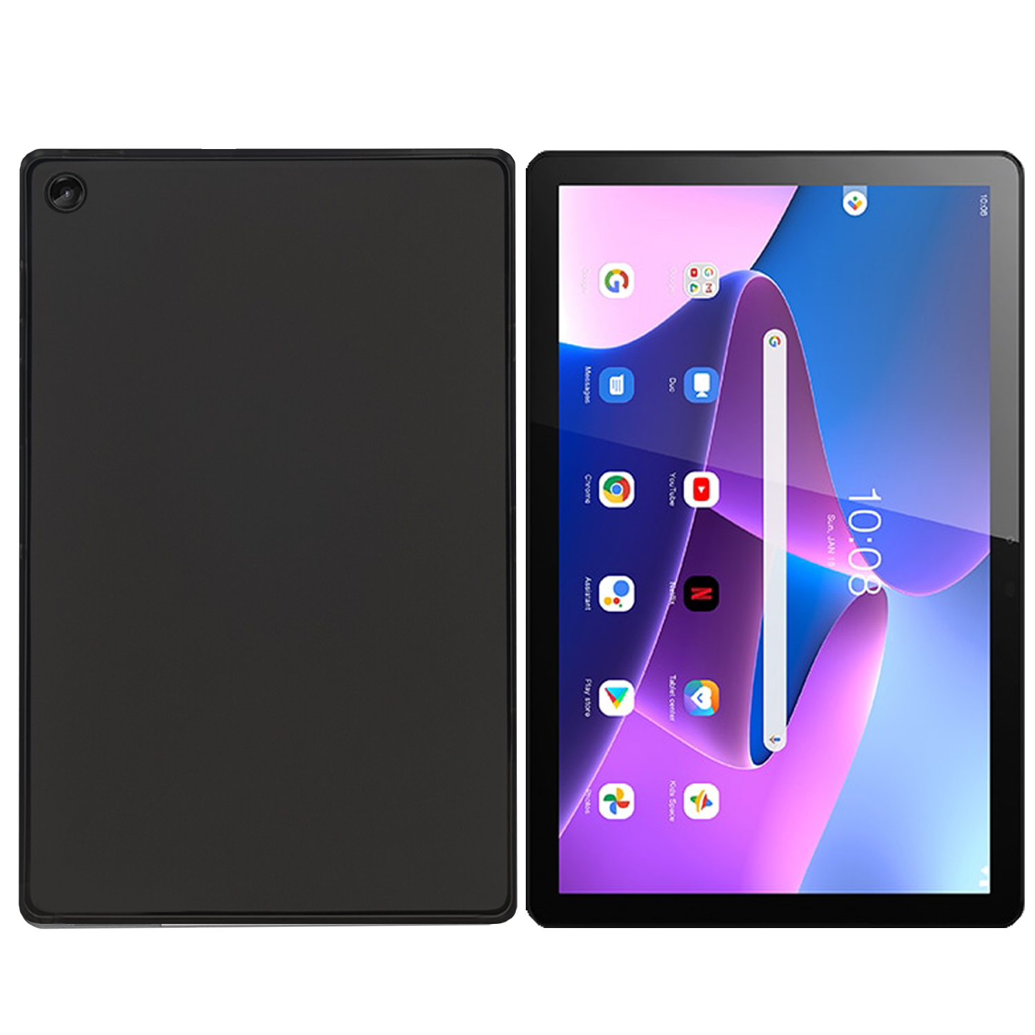 Tablet mit schwarzer Rückseite und Display, das Icons anzeigt. Die Uhrzeit ist 10:08. Der Bildschirm ist eingeschaltet und zeigt den Startbildschirm.