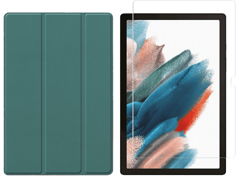 LOBWERK 2in1 Set (Schutzhülle + Schutzglas) Case Bookcover für Samsung Galaxy Tab A8 SM-X200 X205 10.5 Zoll Kunstleder, Grün