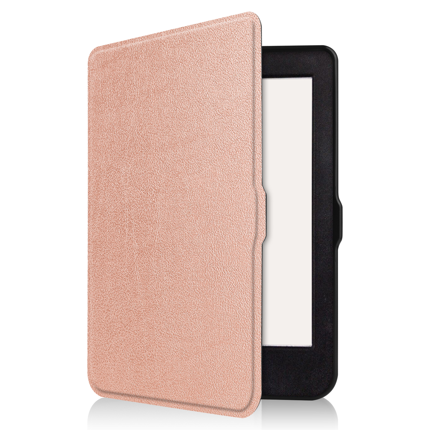 Ein roségoldenes Case, geöffnet, um einen schwarzen E-Reader mit weißem Bildschirm zu zeigen.