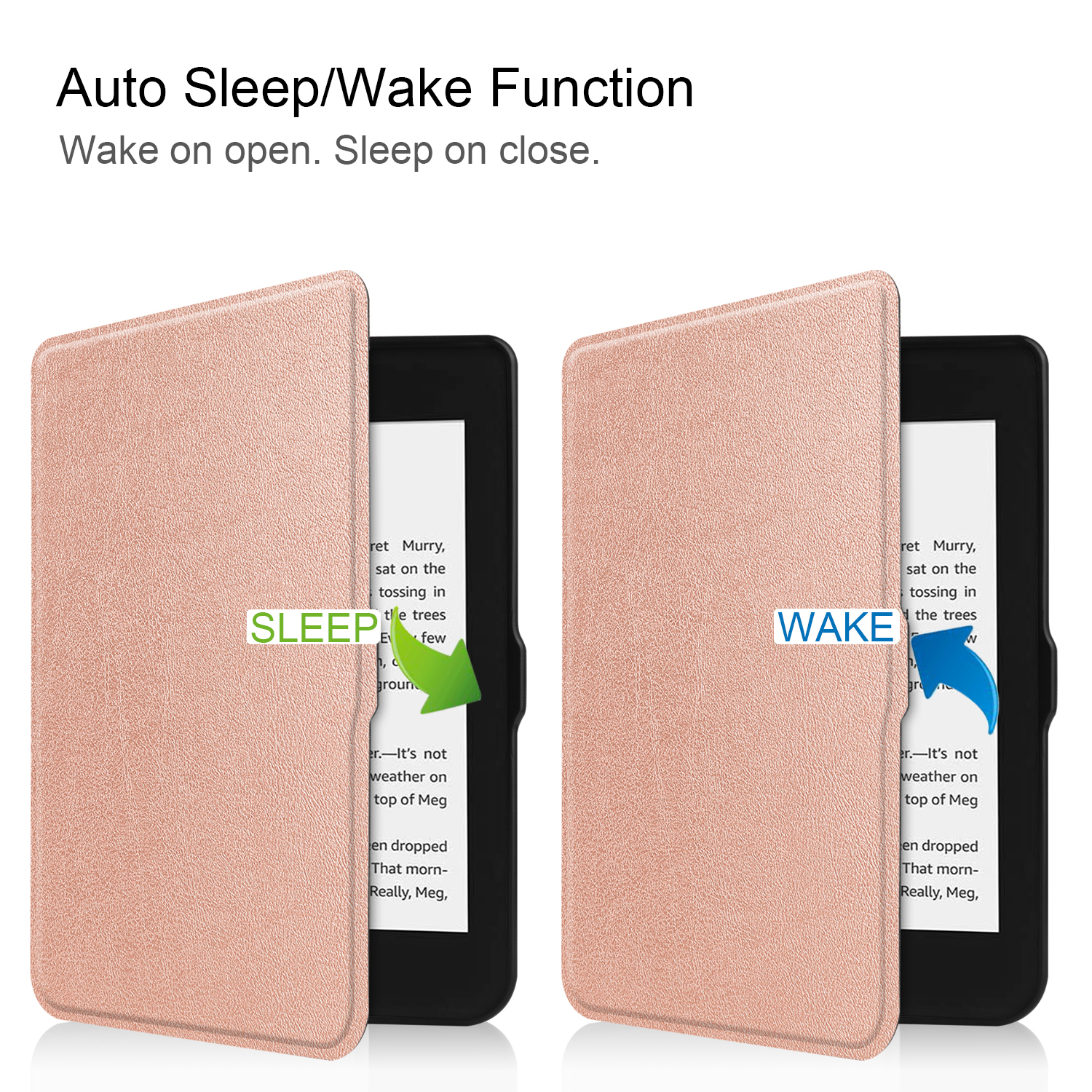 Ein rosa Etui öffnet sich, mit dem Text 'SLEEP' und 'WAKE' auf dem Bildschirm, zeigt die Autofunktion.