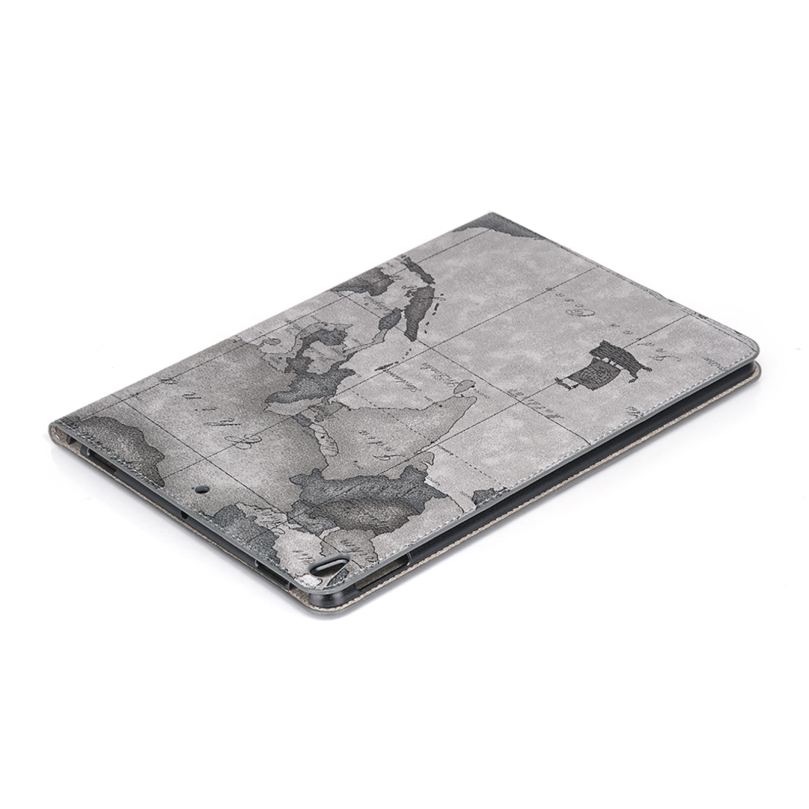 Eine graue Tablethülle mit Weltkartendesign, auf weißer Oberfläche, mit weißem Hintergrund platziert.