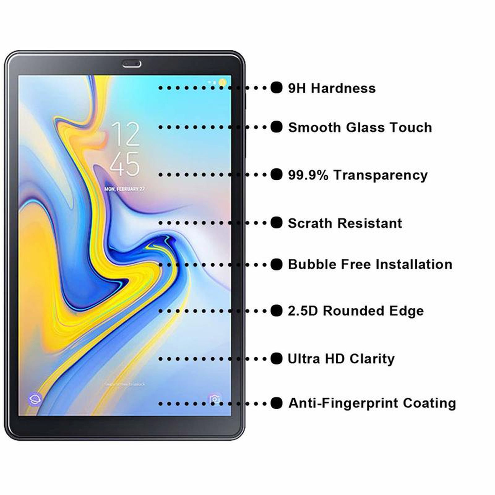 Tablet che mostra caratteristiche: Durezza 9H, Tocco Vetro Liscio, 99,9% Trasparenza, Resistente.