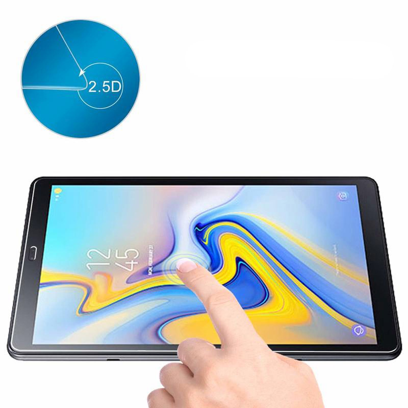 Un dito tocca lo schermo di un tablet con un design blu, giallo e bianco.