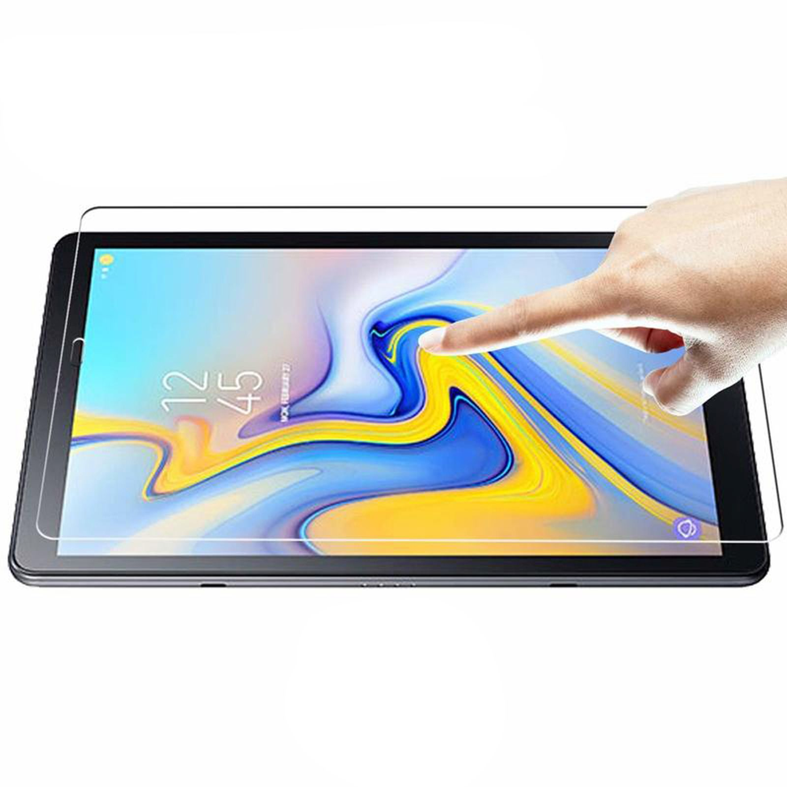 Mano che tocca lo schermo del tablet. Il tablet ha una protezione per lo schermo applicata, su sfondo bianco.