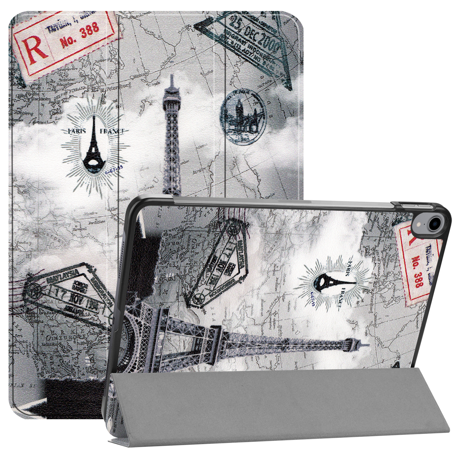 Tablet-Hülle mit Eiffelturm-Design, Kartenhintergrund und Stempeln.