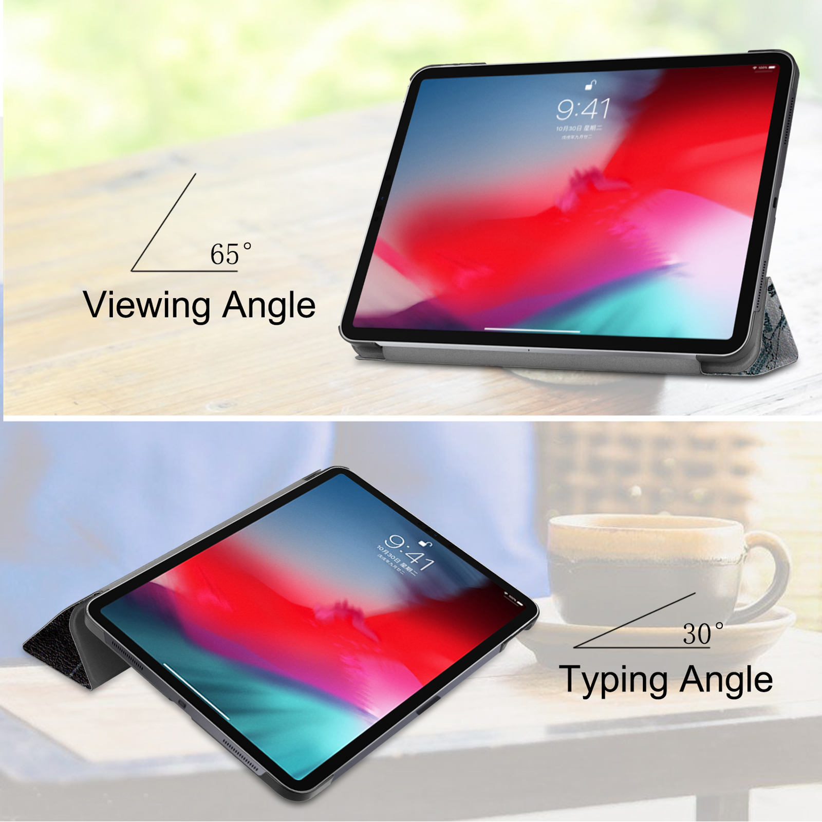 Ein Tablet mit Hülle auf einem Tisch. Der Betrachtungswinkel beträgt 65°, der Tippwinkel 30°.