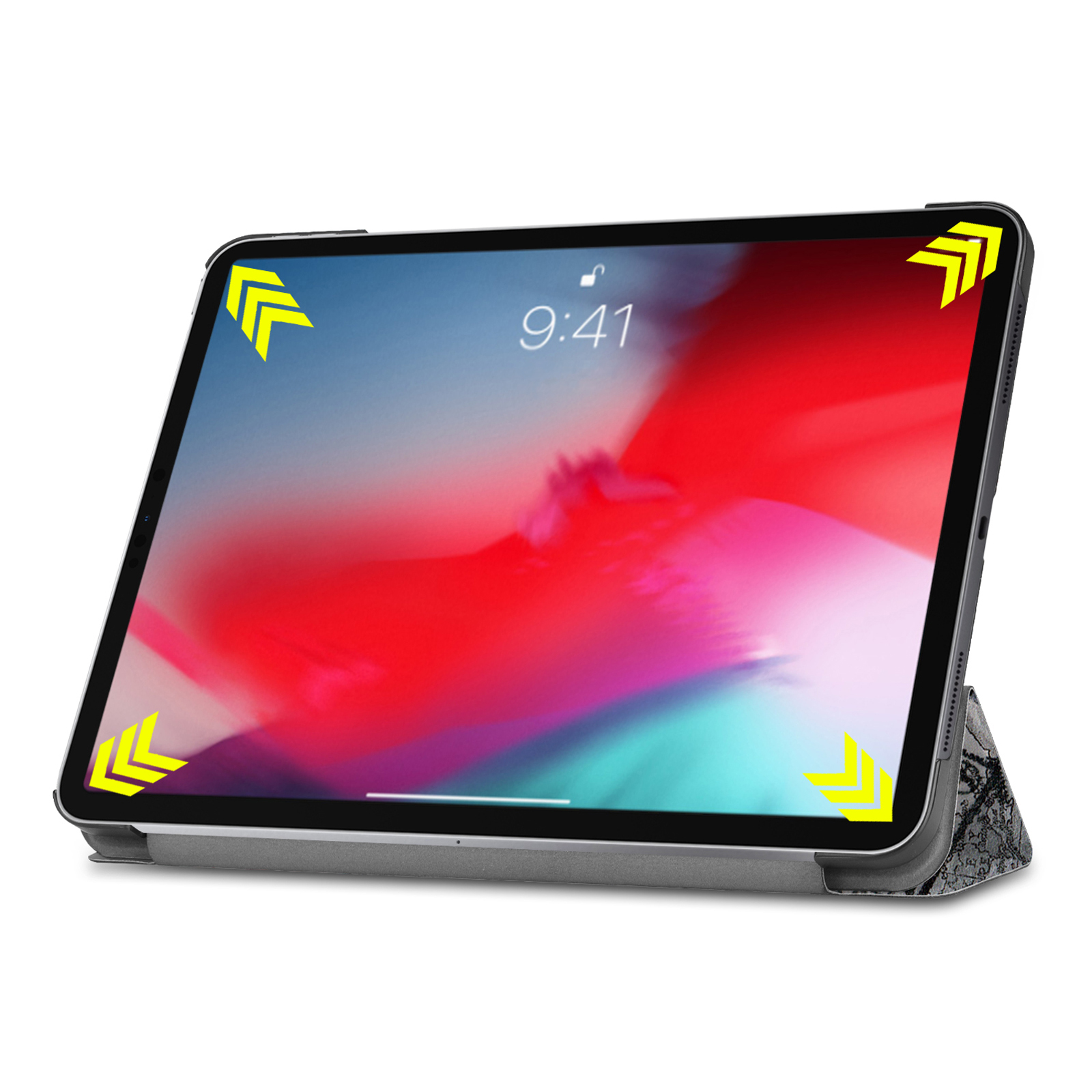 Tablet mit Hülle, zeigt den Bildschirm und die Hülle. Das Tablet hat einen rot-weißen Hintergrund.