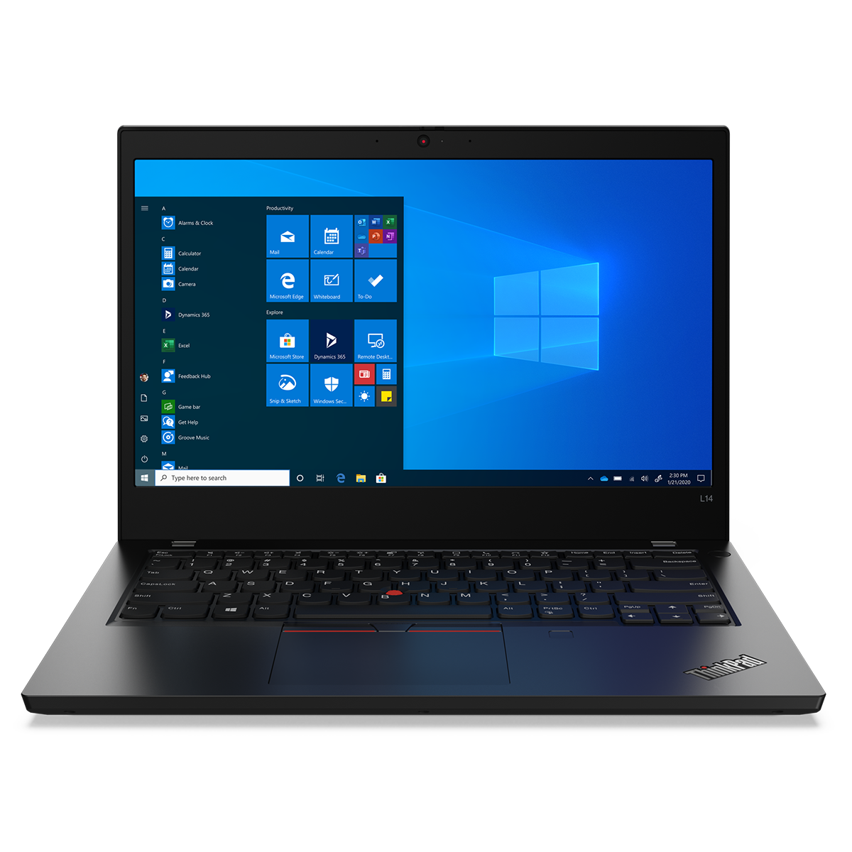 Un portátil Lenovo L14 negro está abierto sobre una superficie blanca, mostrando un escritorio de Windows con varios iconos.