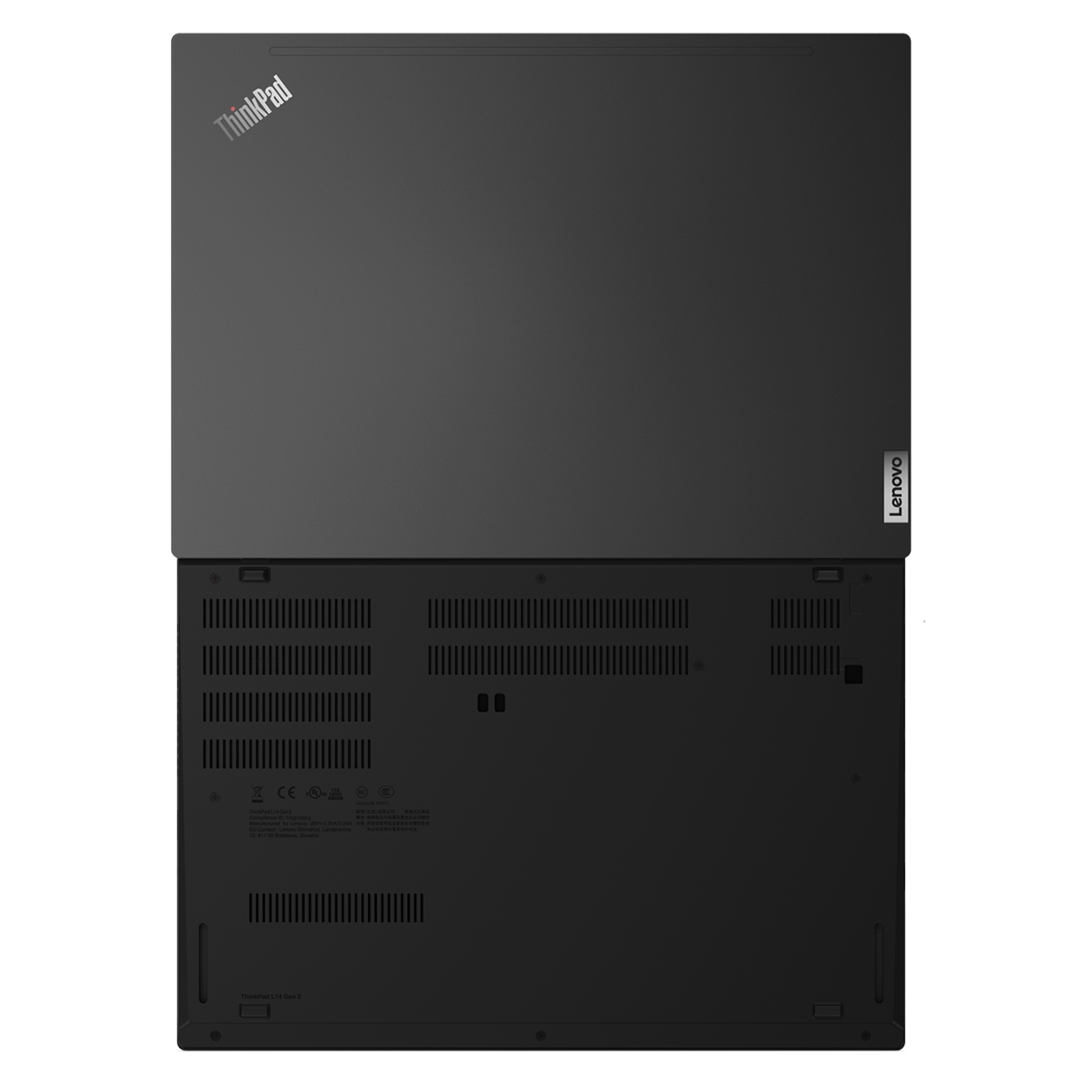 La parte inferior de un portátil Lenovo ThinkPad negro, que muestra la base y la cubierta superior.