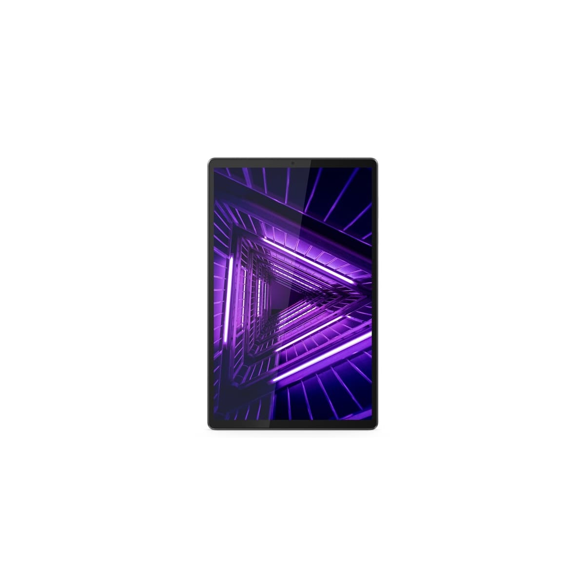 Tableta con diseño morado tipo túnel en la pantalla, marco negro.