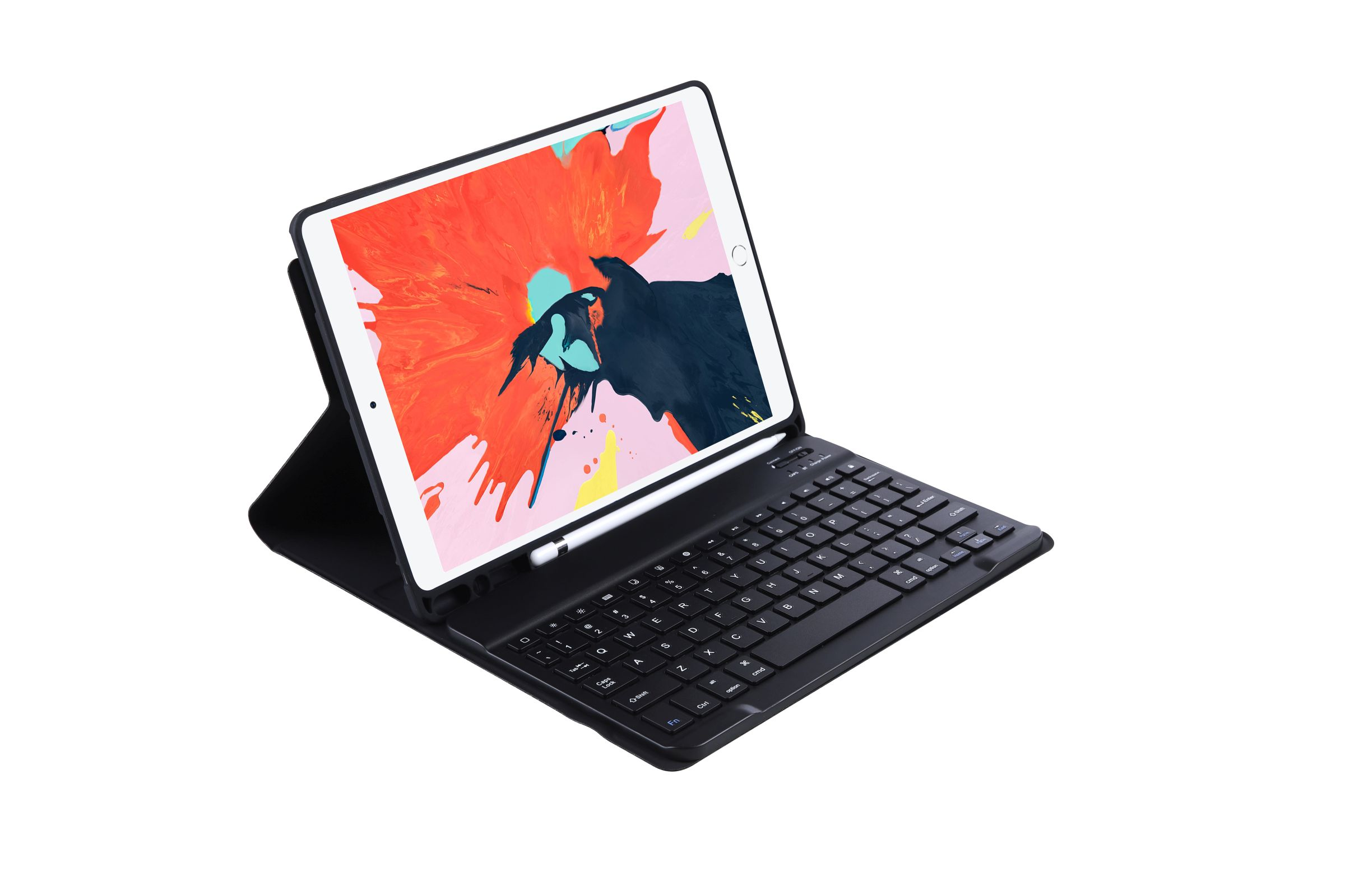 Schwarzes Tablet mit Tastaturhülle, offen. Der Bildschirm zeigt ein buntes, abstraktes Bild.