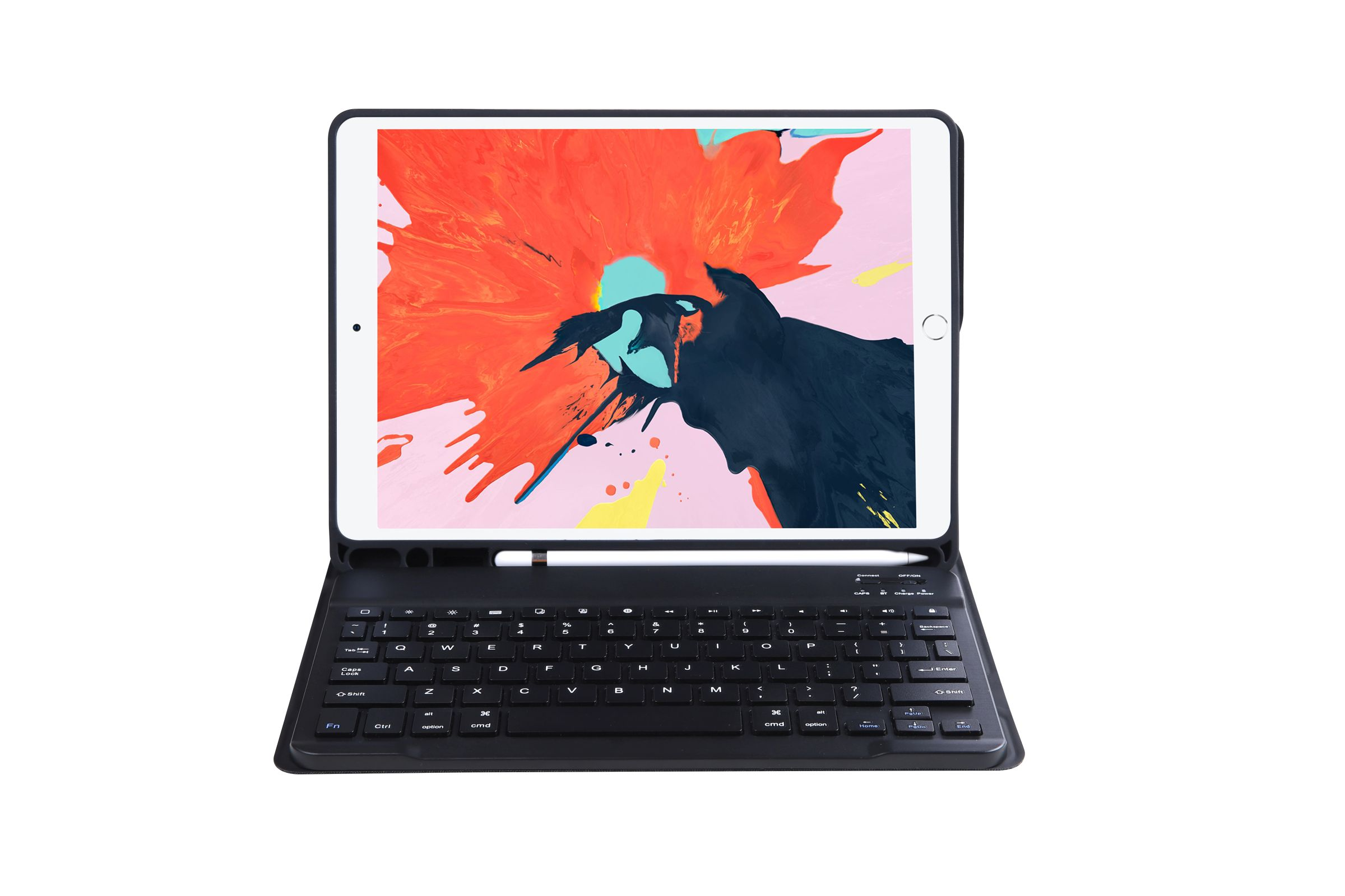 Ein Tablet mit Tastaturhülle, das einen Bildschirm zeigt. Der Bildschirm zeigt ein Bild. Weißer Hintergrund.