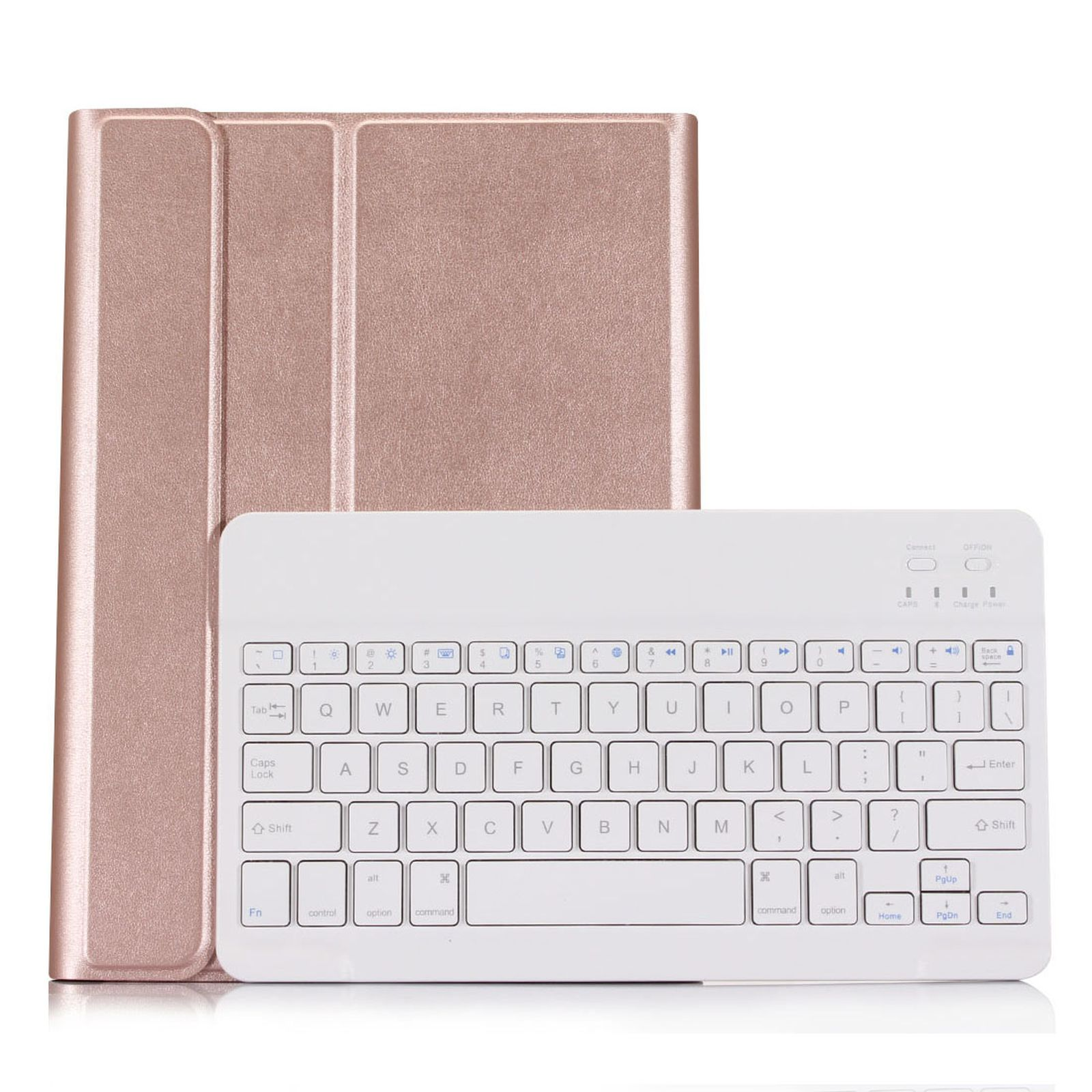 Roségoldfarbene Tablethülle und eine weiße Tastatur. Hülle ist offen. Tastatur hat verschiedene Tasten.
