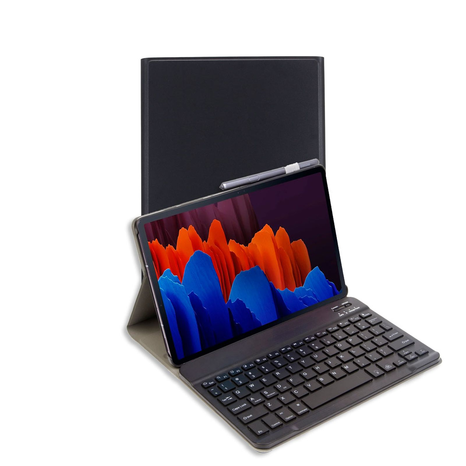 Tablet mit Tastatur und Stift, in einer Hülle. Schwarz. Weißer Hintergrund.