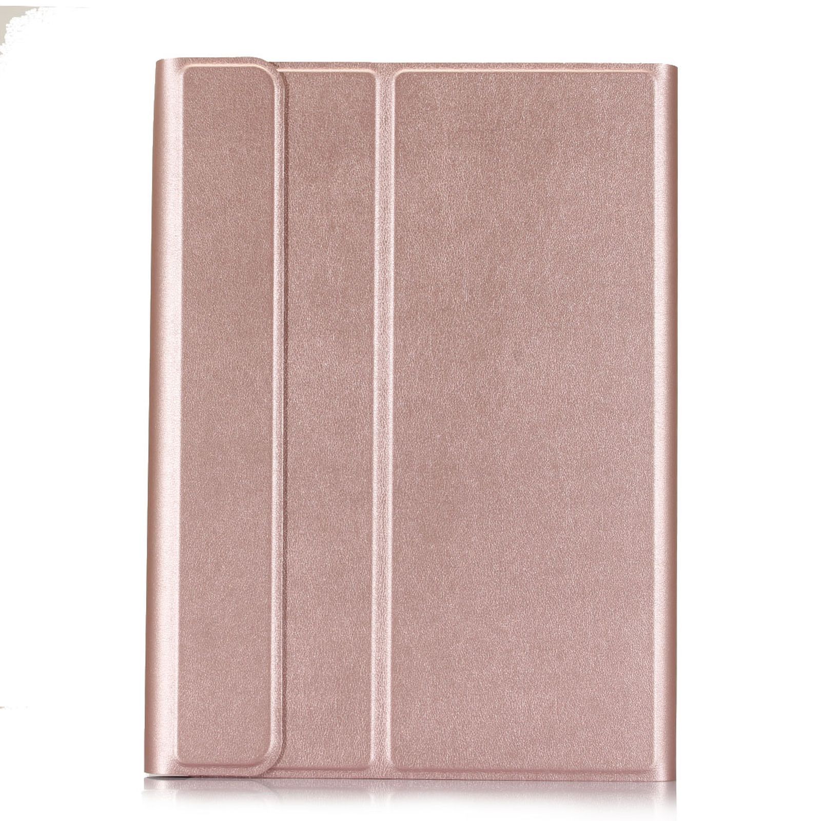 Geschlossene, roségoldene Tablethülle mit drei vertikalen Linien, die das Licht reflektieren.