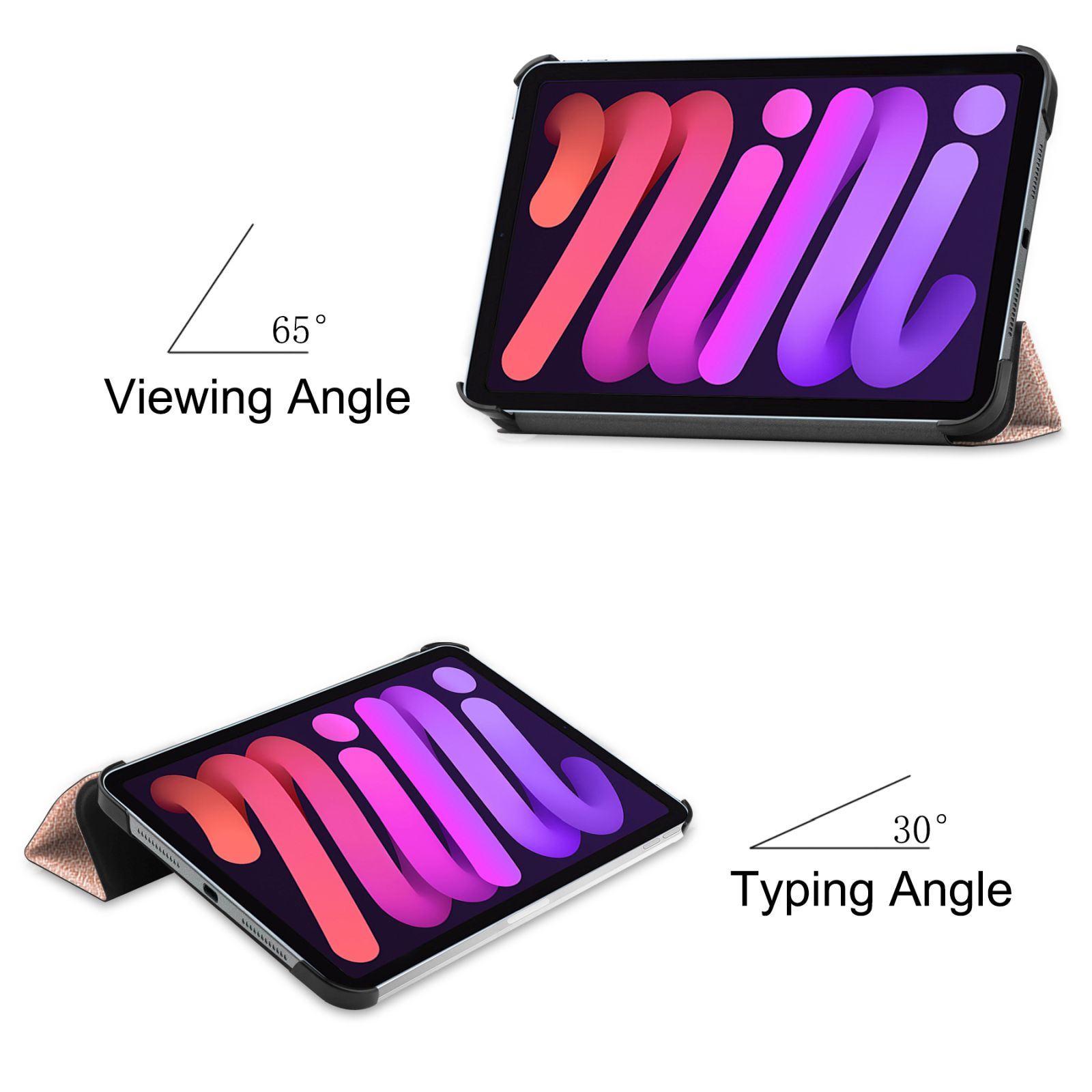 Ein Tablet in einer Hülle, gezeigt in einem Betrachtungswinkel von 65 Grad und einem Tippwinkel von 30 Grad.