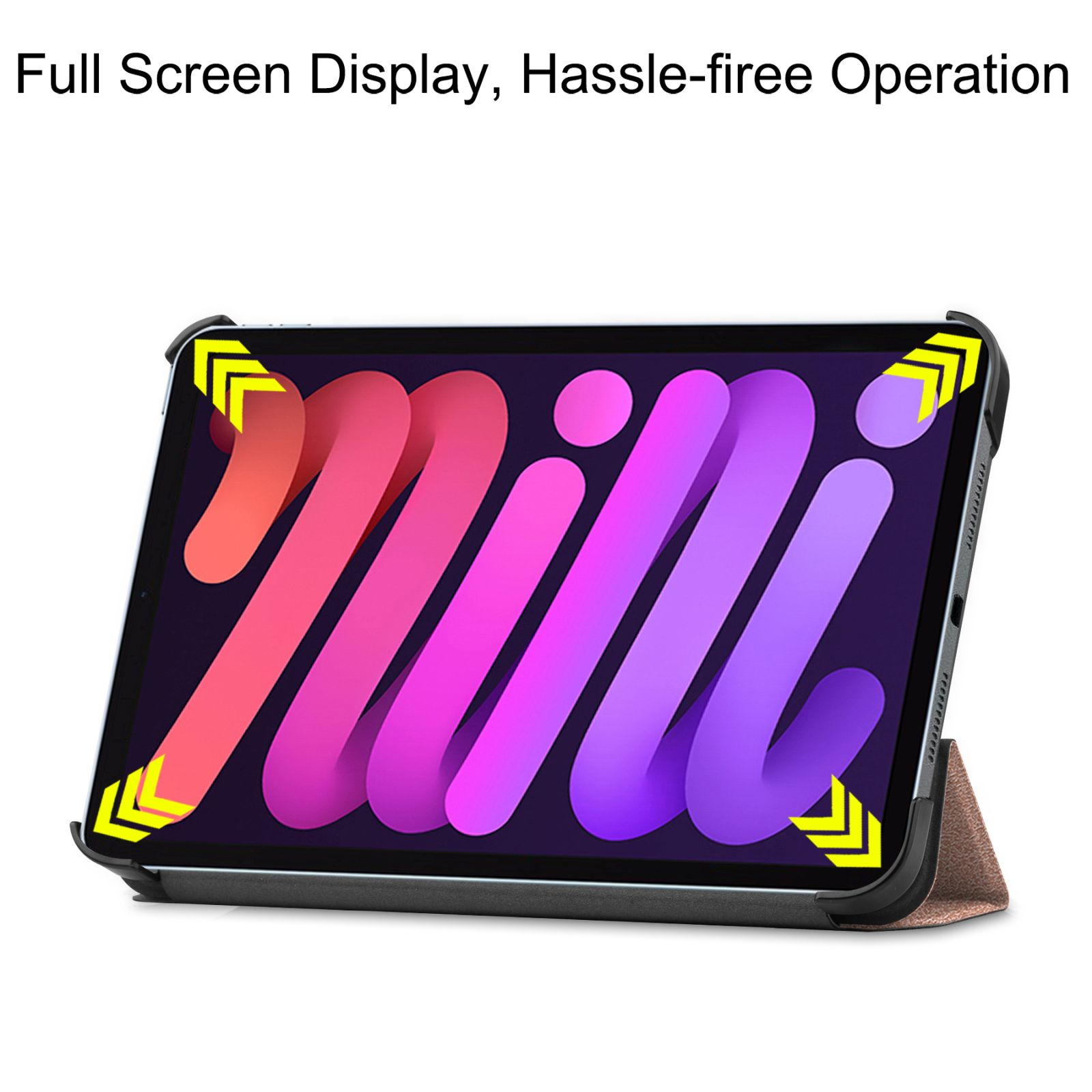 Tablet-Hülle mit Tablet-Inhalt, zeigt den Bildschirm, mit Pfeilen, die die Ecken anzeigen.