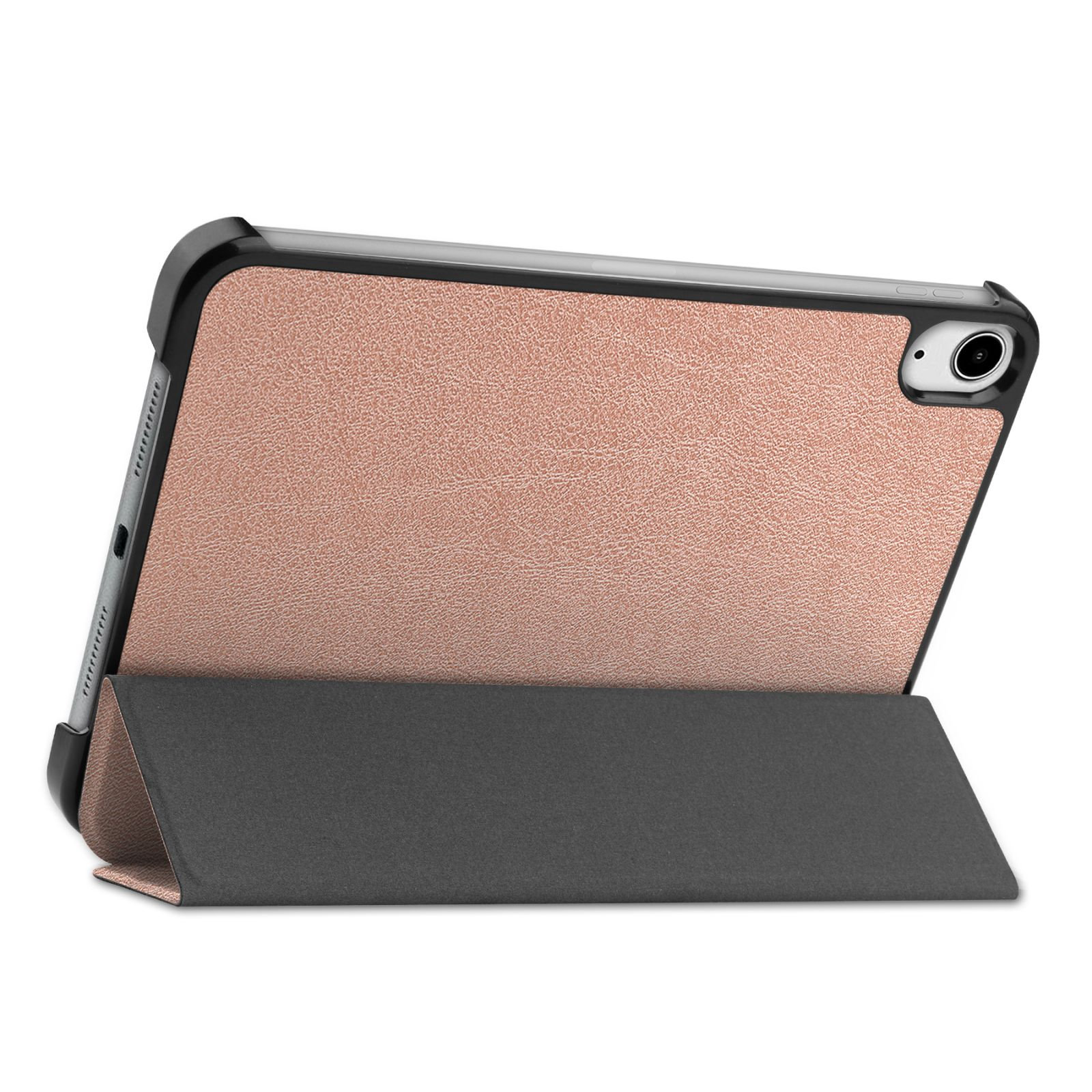 Ein Tablet in einem rosa Gehäuse, teilweise geöffnet, auf einer weißen Oberfläche. Der Bildschirm ist schwarz.
