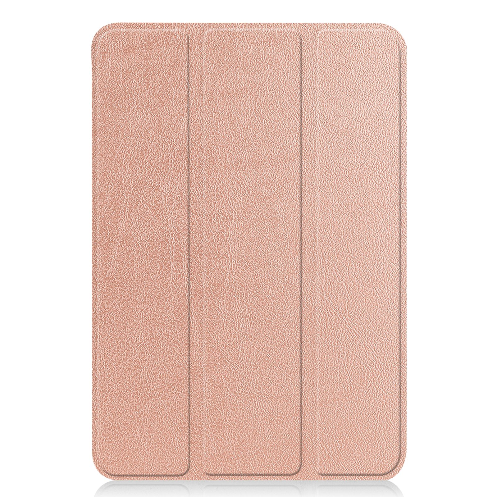 Eine geschlossene roségoldene Tablet-Hülle, flach liegend.