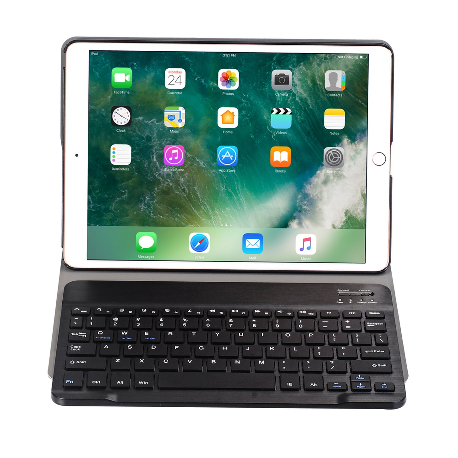 Ein iPad mit angeschlossener Tastatur, das verschiedene App-Symbole anzeigt.