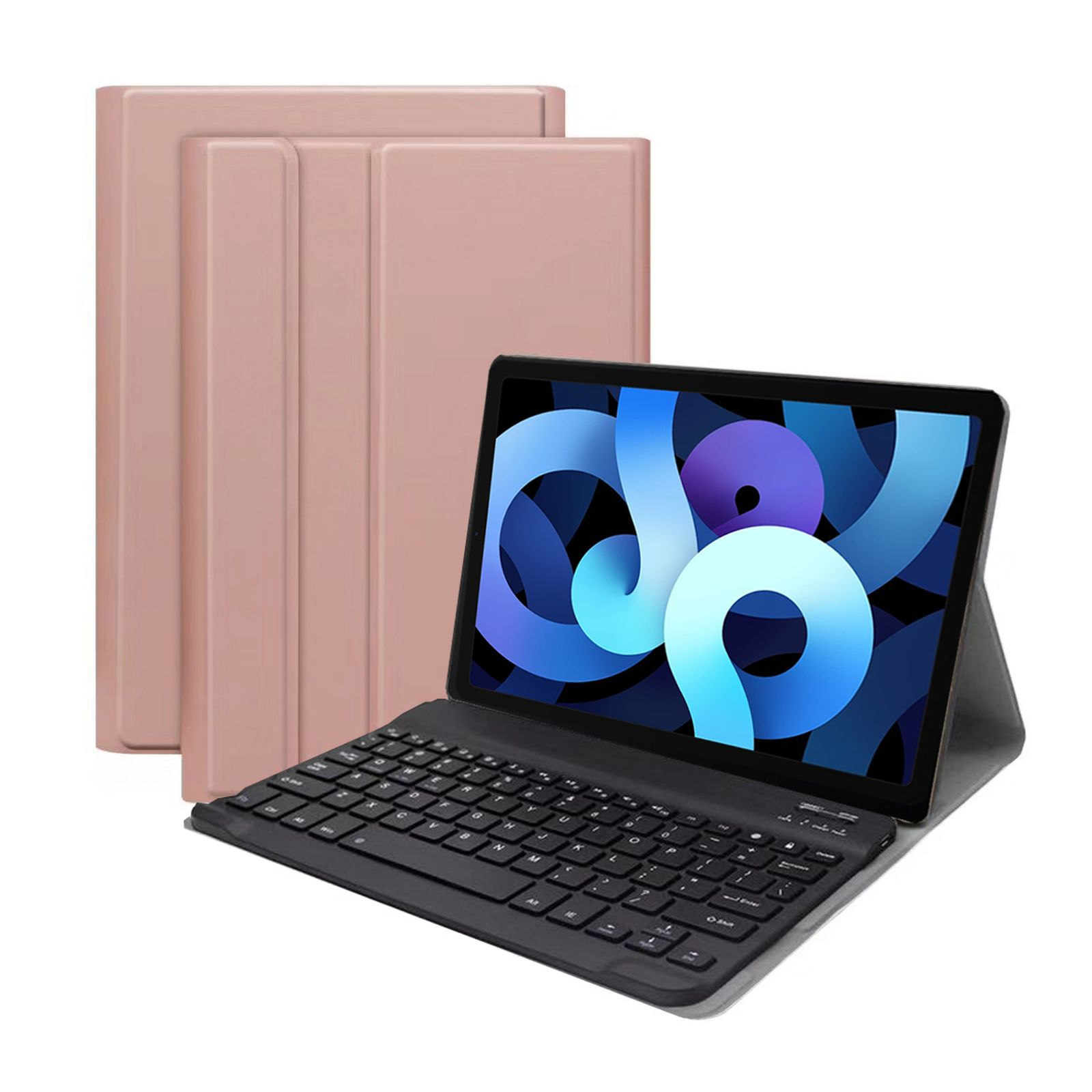 Tablet mit Tastatur und rosa Hülle.