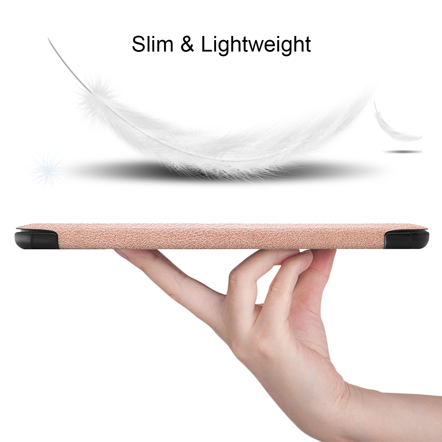 Eine Hand hält ein Tablet. Text 'Slim & Lightweight' darüber. Eine weiße Feder schwebt.
