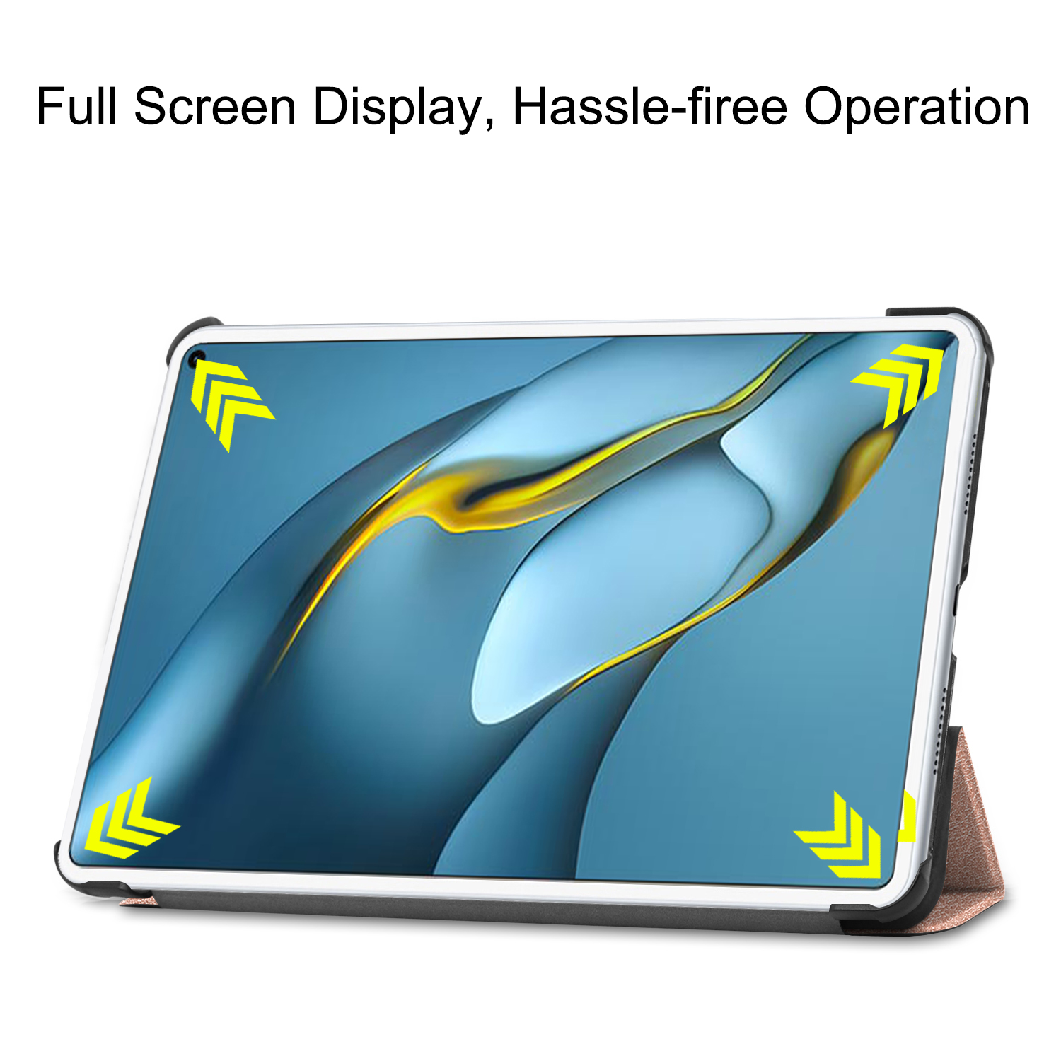 Tablet in Hülle mit Pfeilen an den Ecken, zeigt eine blau getönte Landschaft.