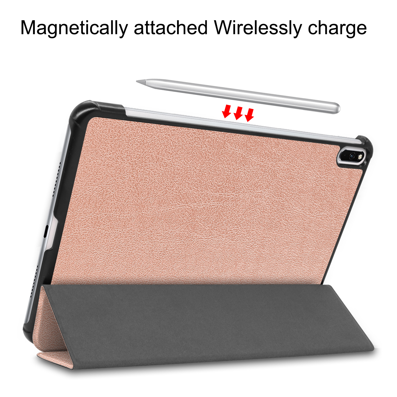 Eine pinke Tablet-Hülle mit magnetisch befestigtem Stift und grauem Ständer auf weißem Hintergrund.