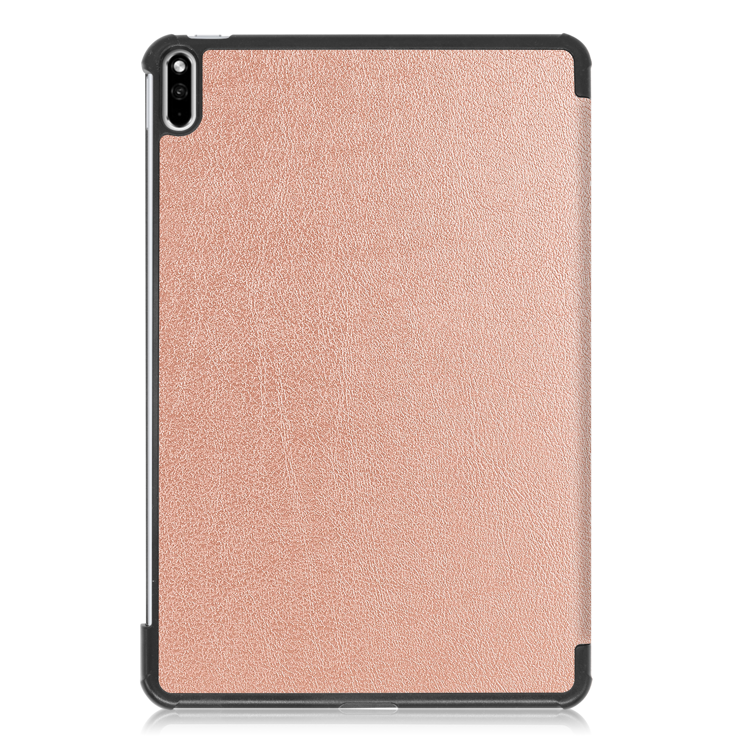 Ein Tablet in einer kupferfarbenen Hülle liegt auf einer weißen Oberfläche. Die Hülle hat ein strukturiertes Design.