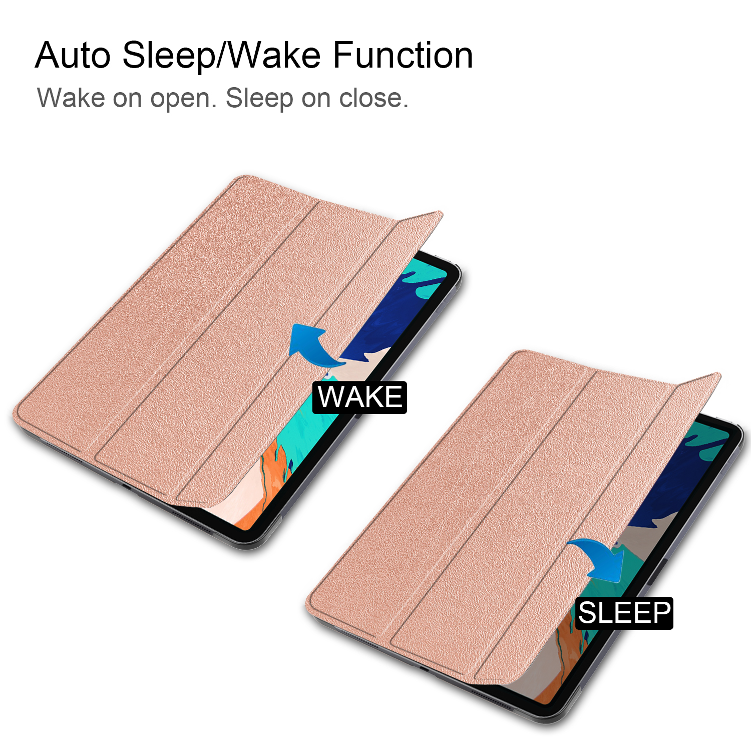 Zwei Tablet-Hüllen, eine offen und eine geschlossen, zeigen 'Wake' und 'Sleep'.