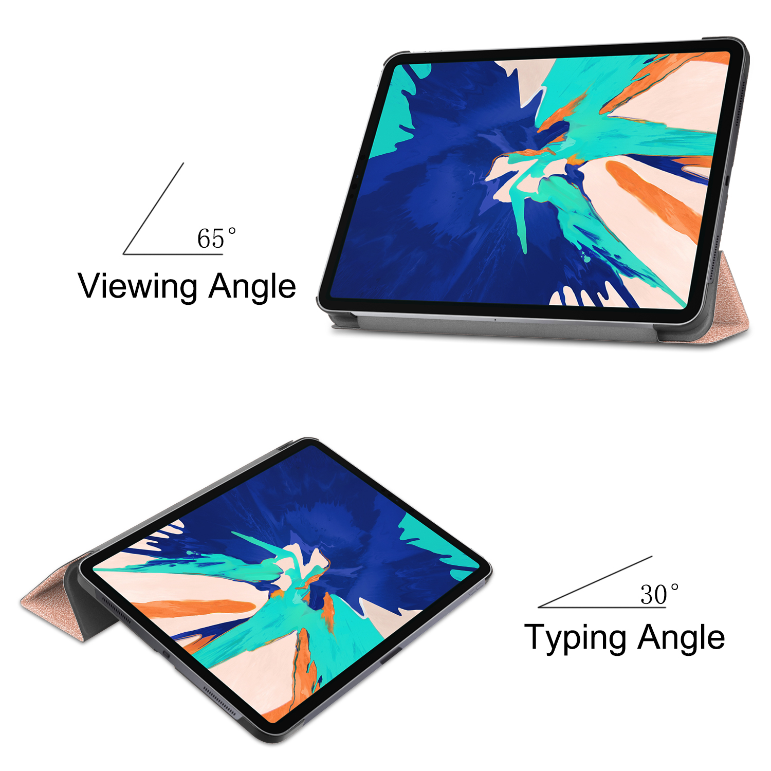 Tablet in Hülle, zeigt Betrachtungs- und Tippwinkel. Schwarze Hülle mit rosa Abdeckung.