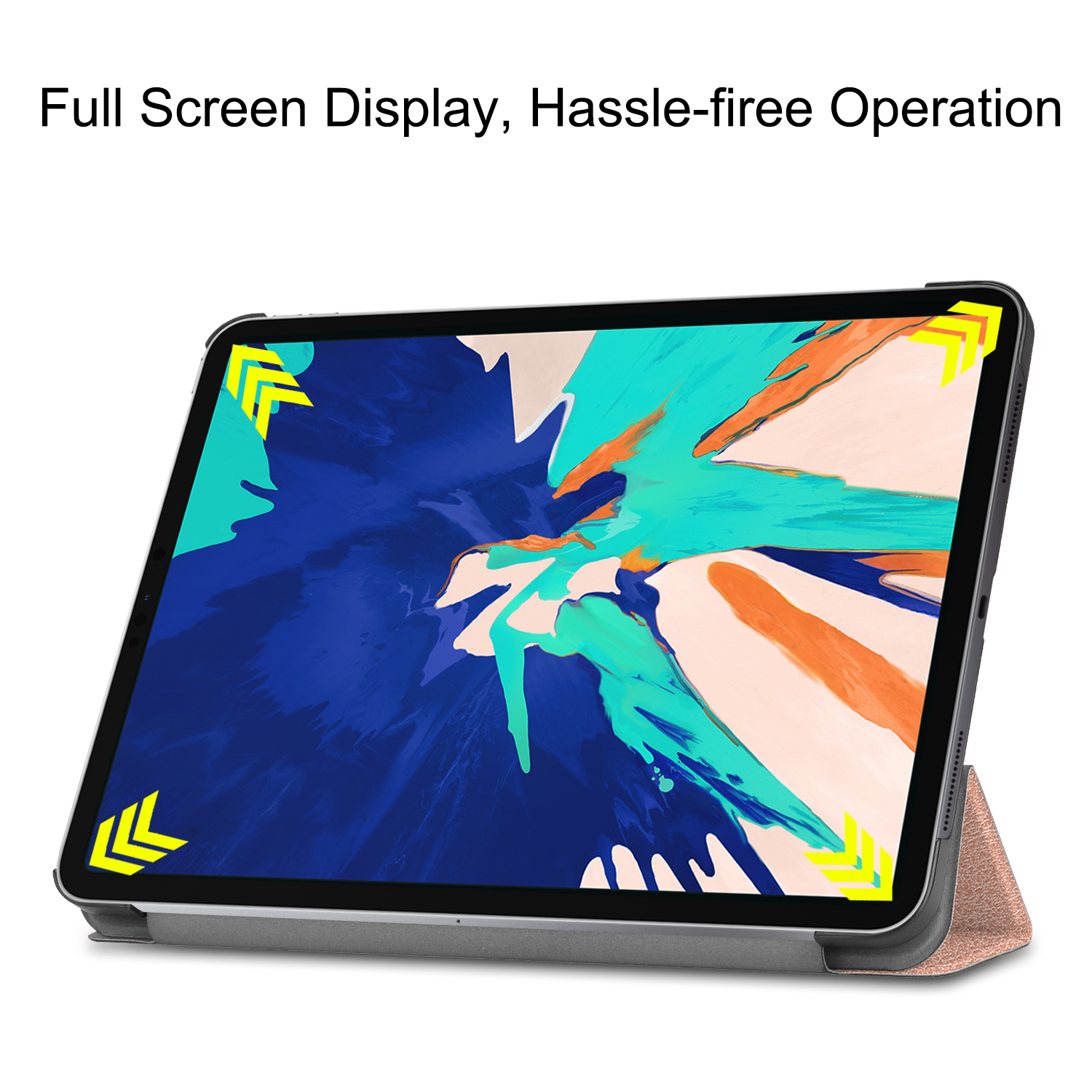 Tablet in einem Gehäuse mit blau-lila Display. Das Gehäuse steht. Gelbe Pfeile oben.