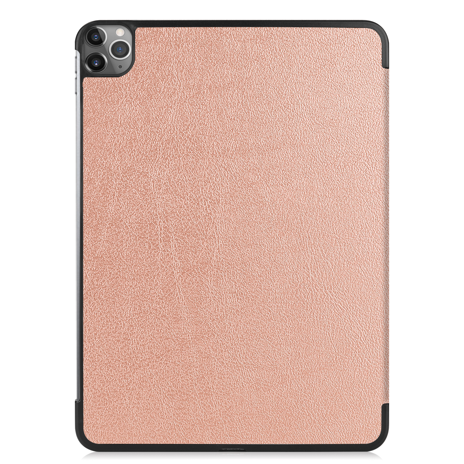 Ein Tablet in einem roségoldenen Lederetui mit schwarzem Rahmen.