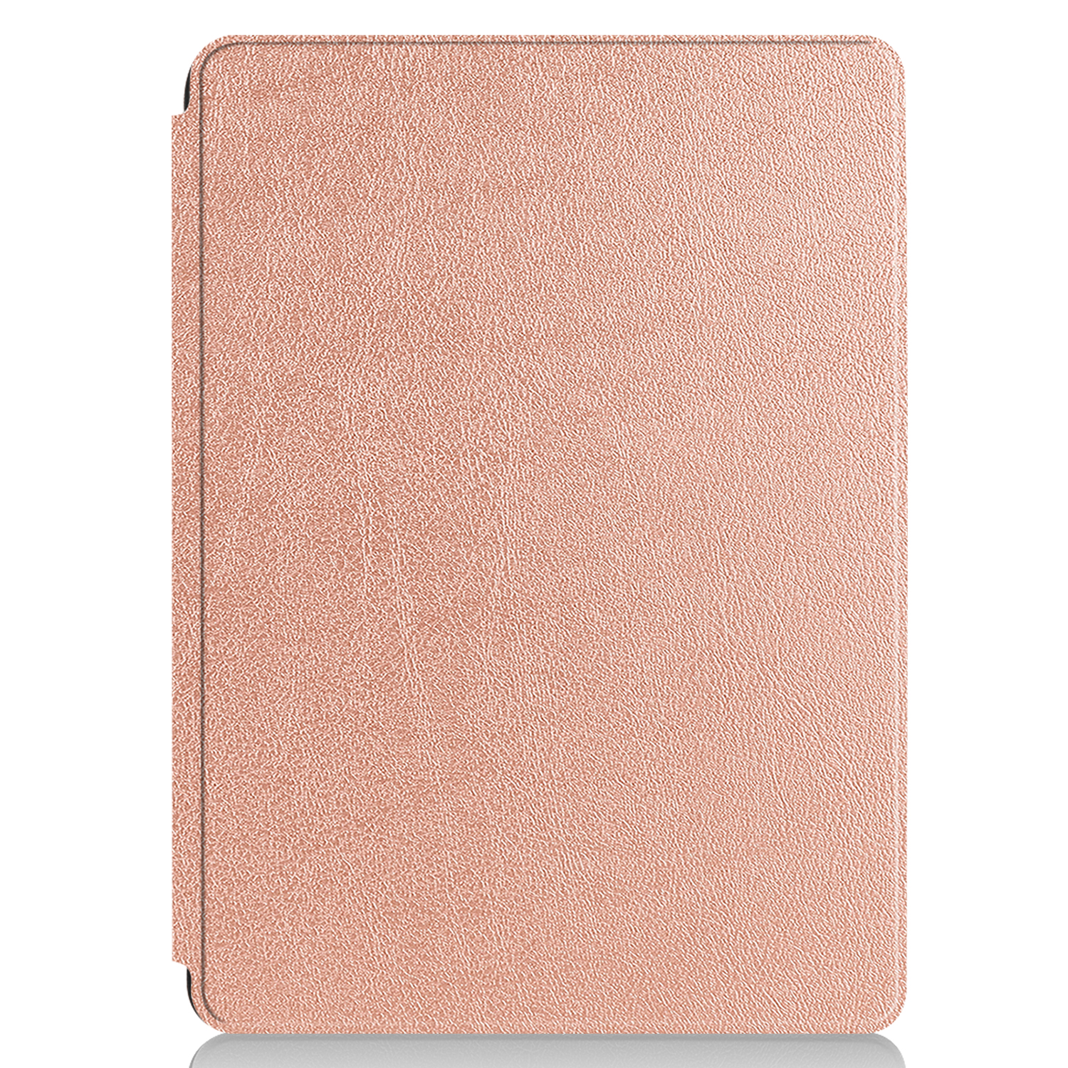 Roségoldenes Tablet-Etui, geschlossen, Lederstruktur, auf weißem Hintergrund, mit Schatten.