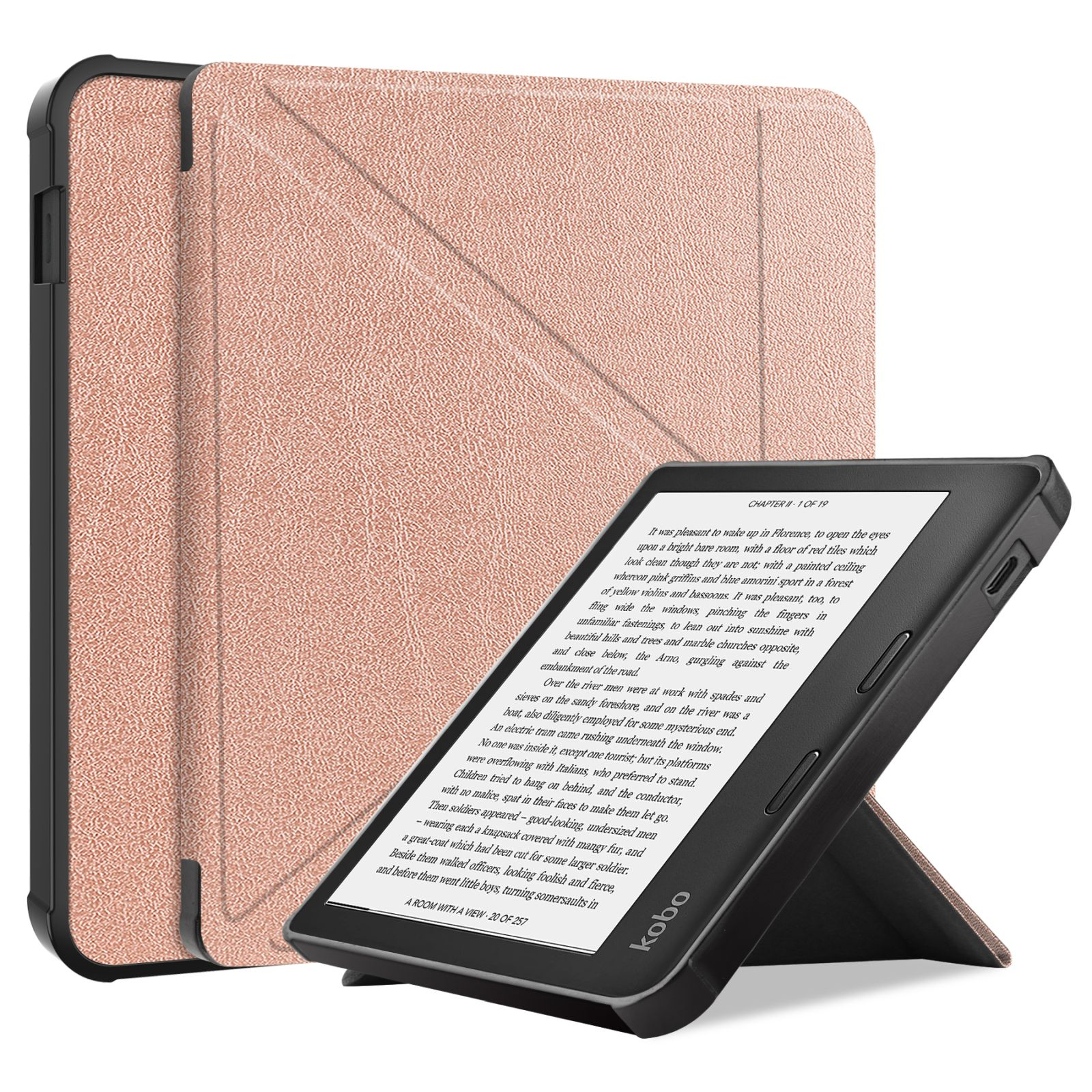 E-Reader in einer roségoldenen Hülle, aufgestellt. Die Seite zeigt Text. Die Hülle ist geschlossen.
