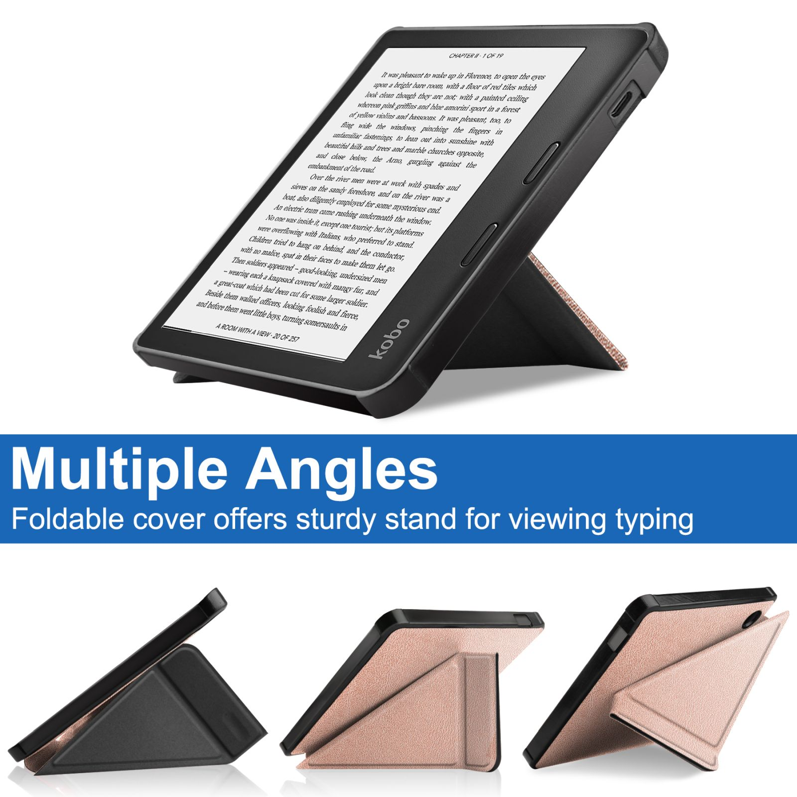 E-Reader im Ständer. Beige Abdeckung. Lesen auf dem Bildschirm. Mehrere Winkel.