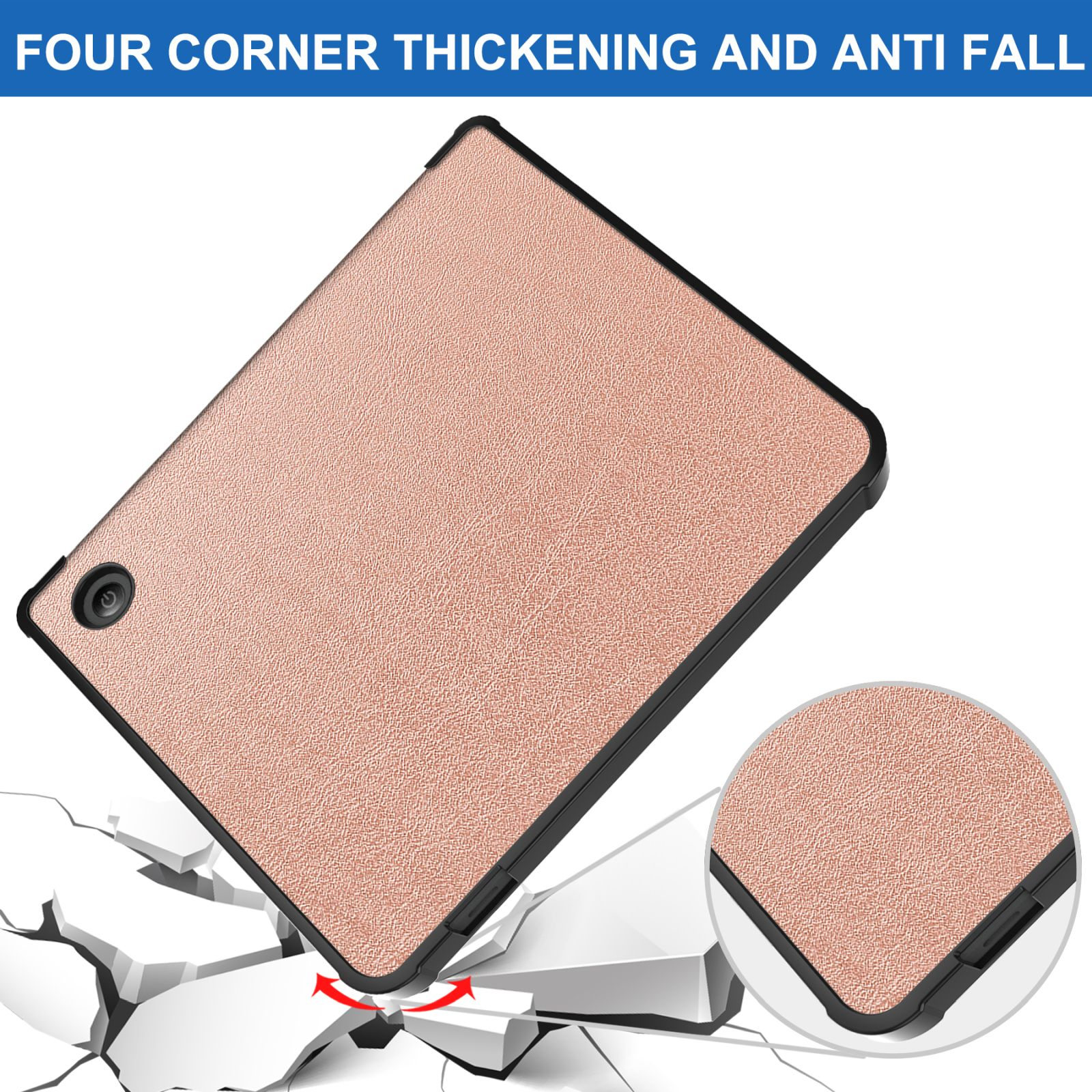 Ein Tablet in roségoldener Hülle, leicht angewinkelt. Die Hülle hat eine strukturierte Oberfläche, das Tablet fällt.
