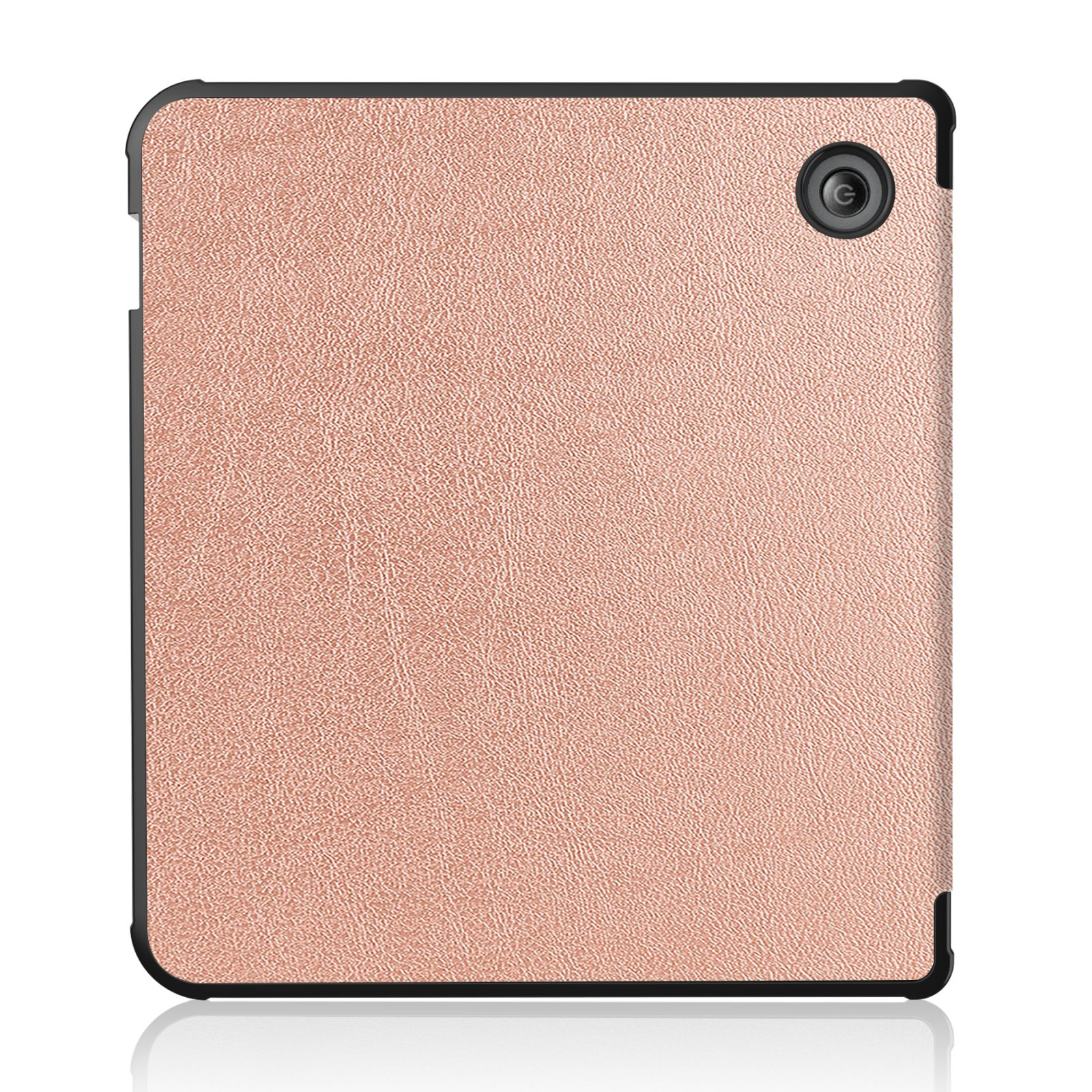 Roségoldfarbene Tablet-Hülle. Die Rückseite hat eine strukturierte Oberfläche mit Objektiv.