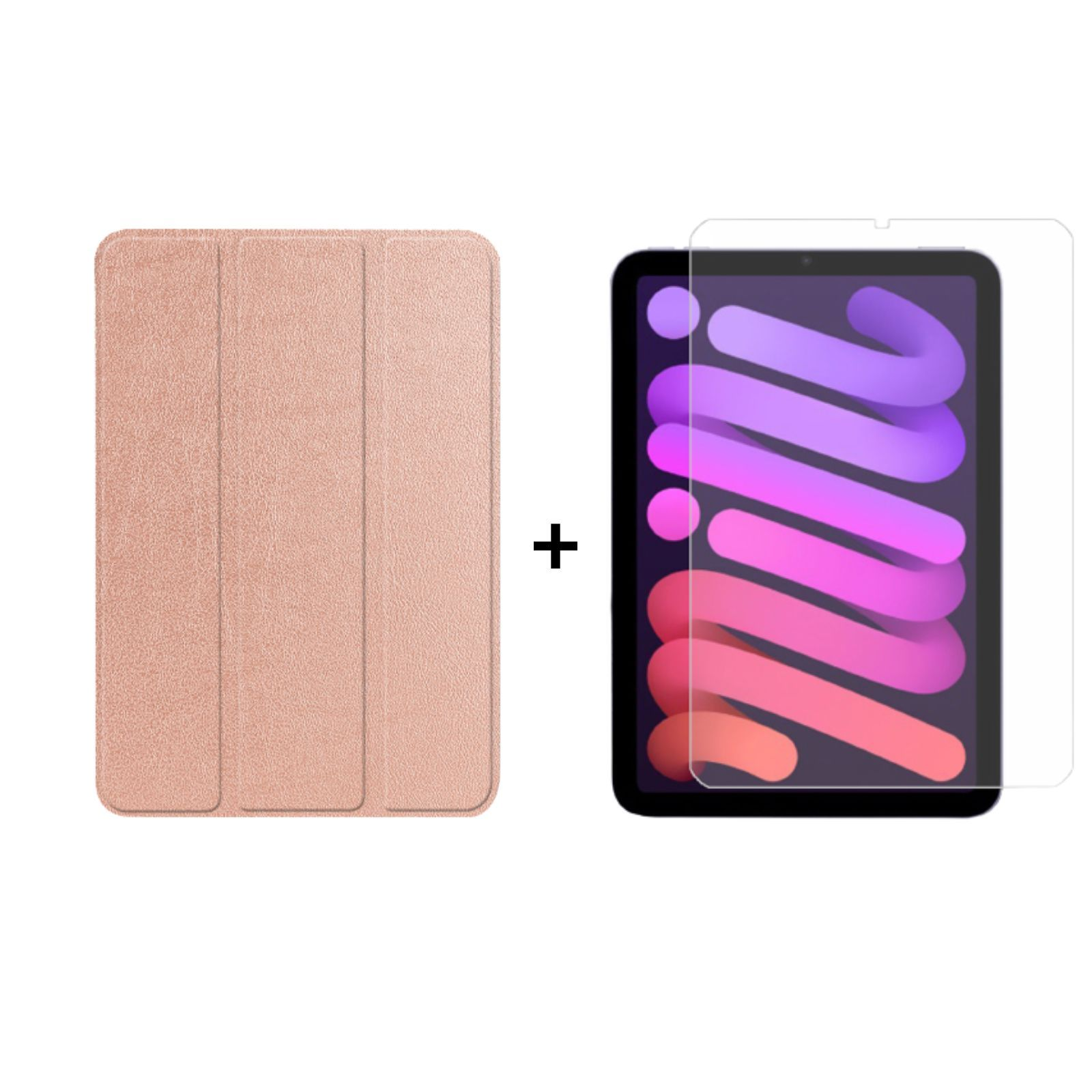 Hülle und Displayschutzfolie in Roségold neben einem iPad mini. Der Bildschirm hat ein farbenfrohes Design.