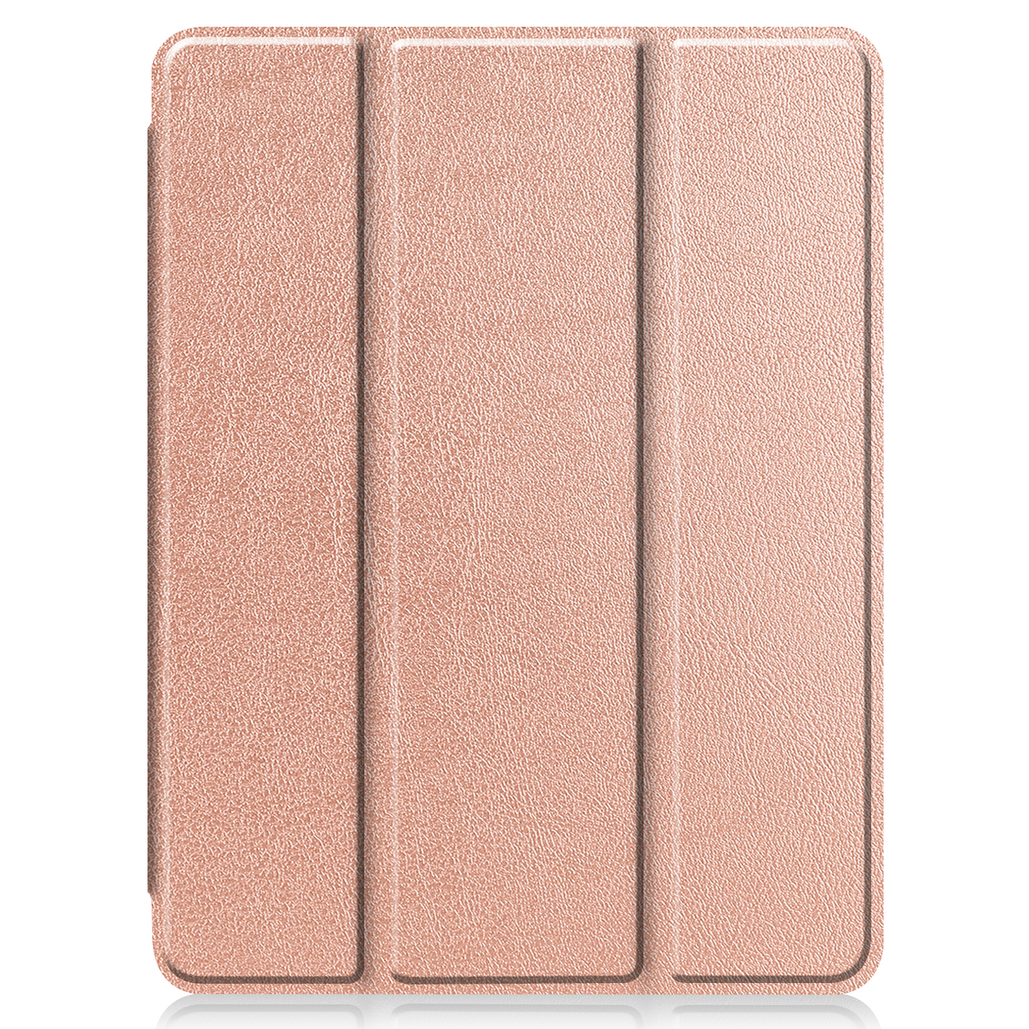 Roségoldfarbene Tablethülle, geschlossen. Drei Paneele auf weißem Hintergrund sichtbar. Die Hülle ist gefaltet.