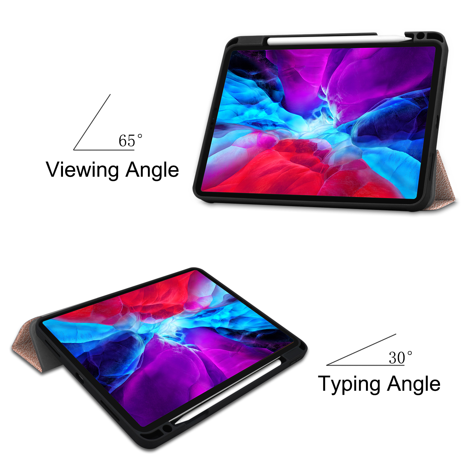 Tablet in Hülle, zeigt Betrachtungs- und Tippwinkel. Schwarze Hülle mit rosa Abdeckung.