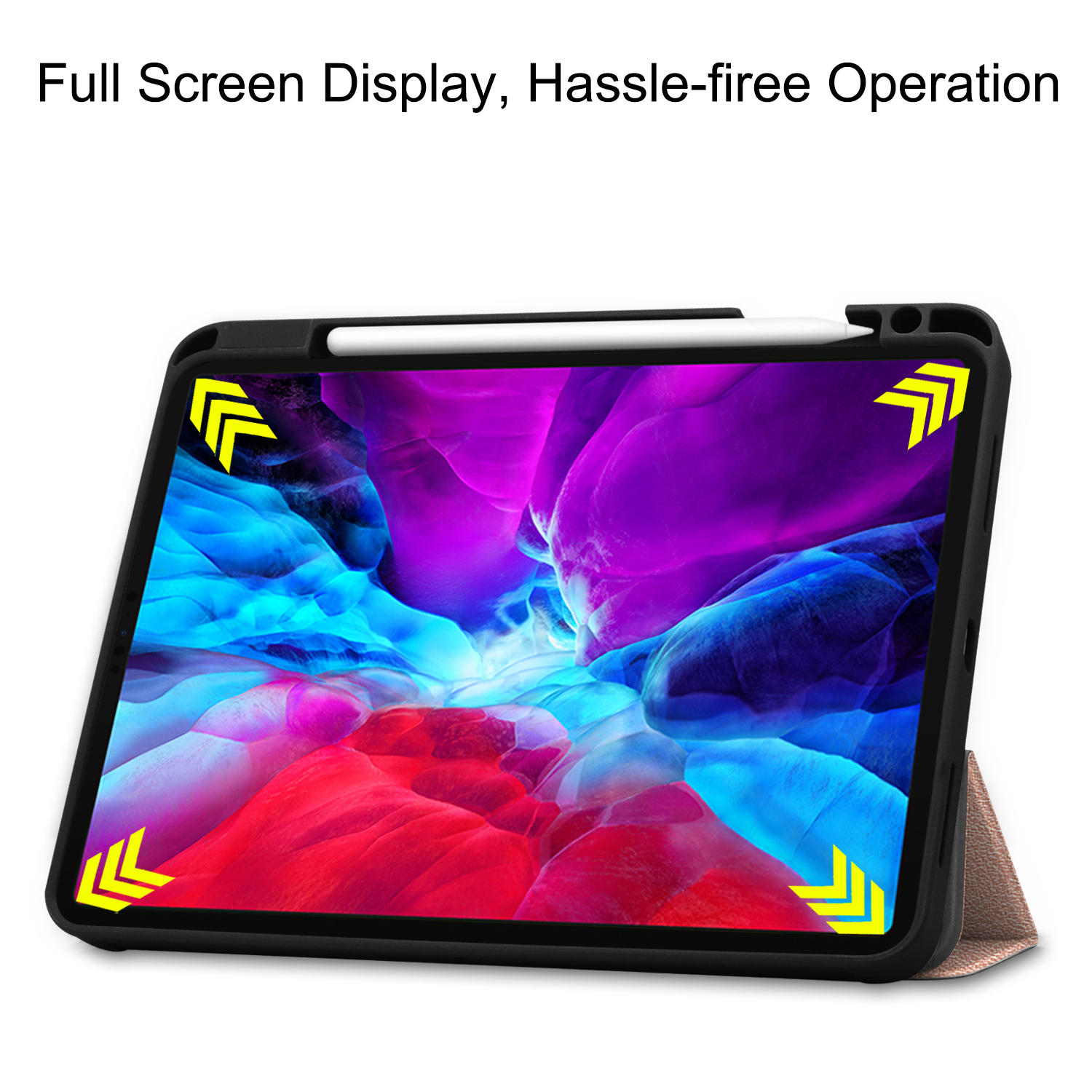 Tablet mit schwarzem Bildschirm und Hülle, mit Stift. Pfeile zeigen die Ränder des Bildschirms.