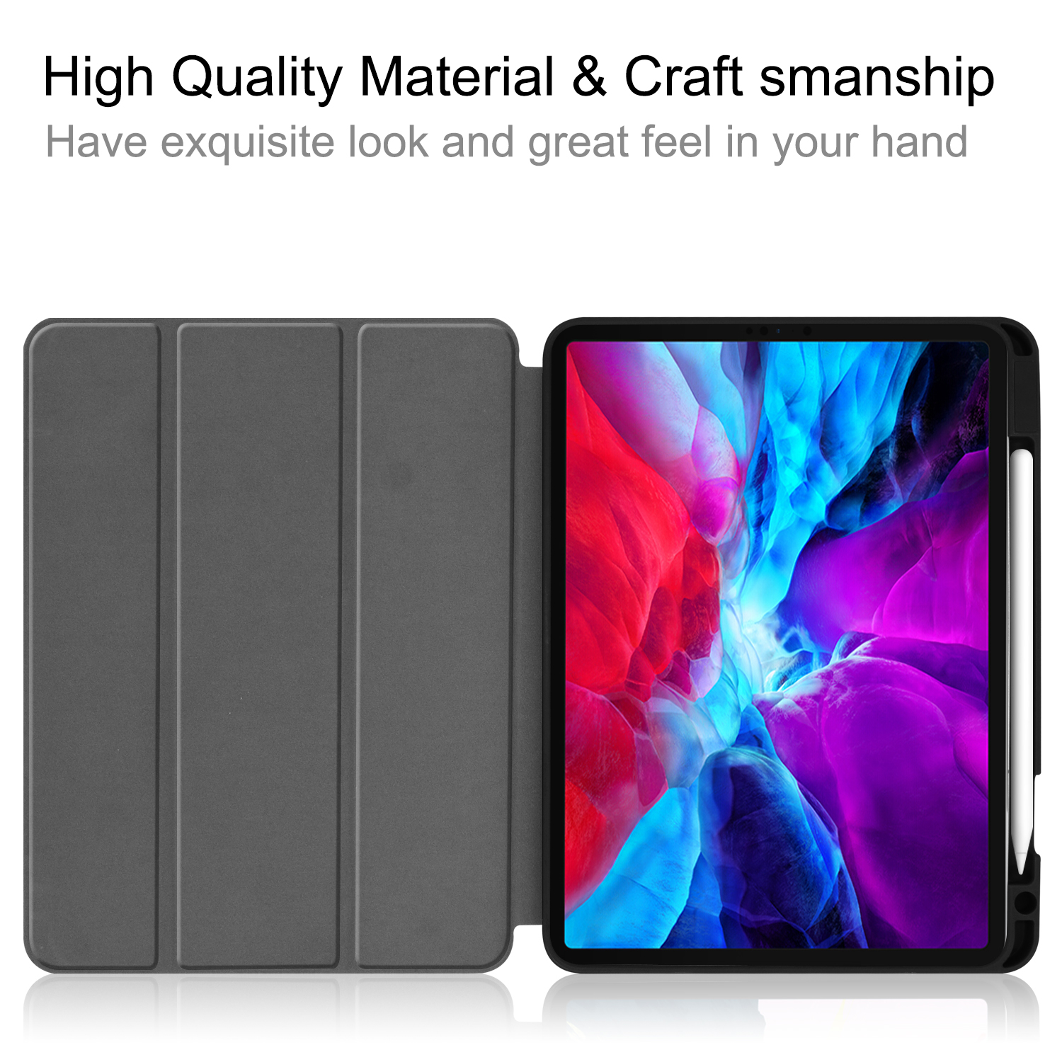 Eine graue Tablethülle ist geöffnet und gibt ein Tablet mit farbenfrohem Bildschirm frei. Text lautet 'High Quality Material'.
