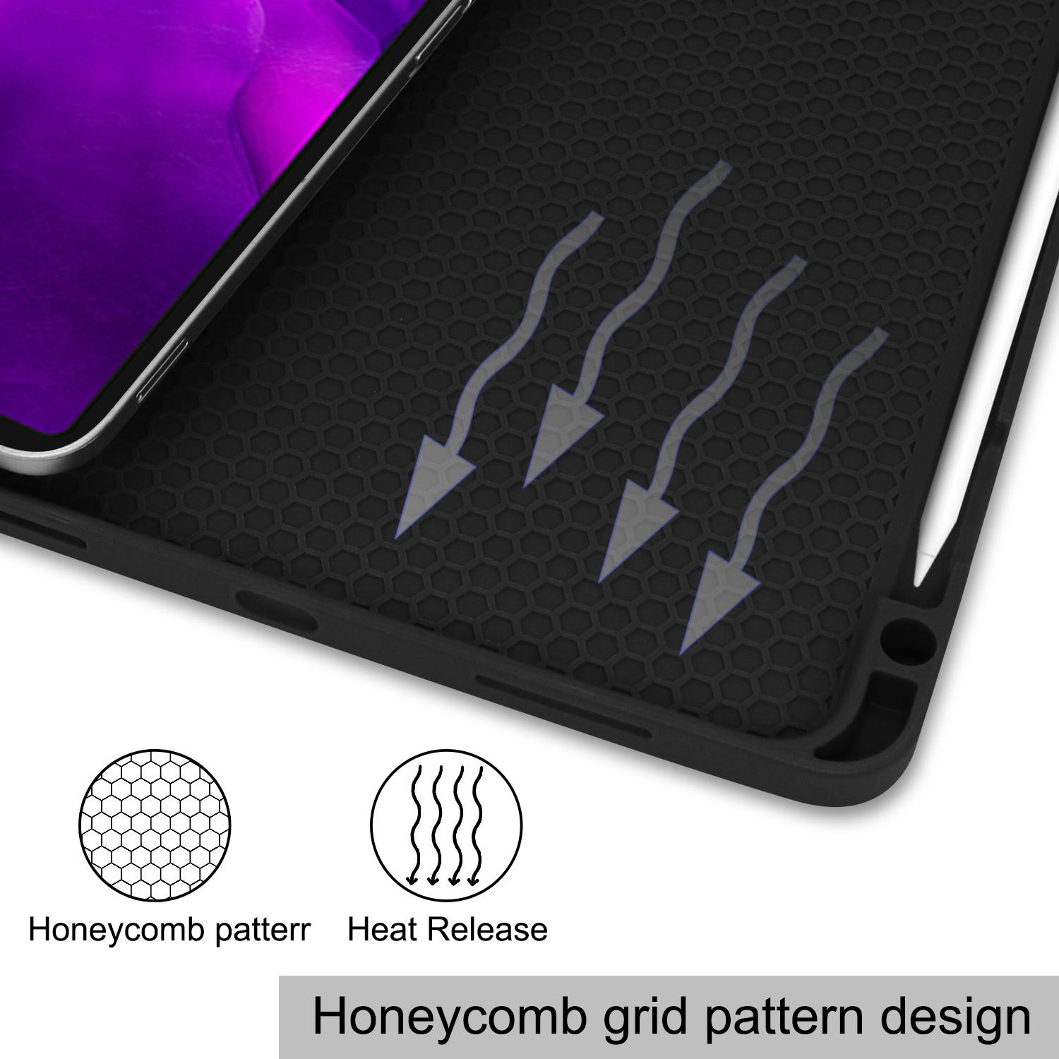 Schwarze Handyhülle mit Wabenmuster und Wärmeableitungsdesign. Text sagt Wabenraster-Design.