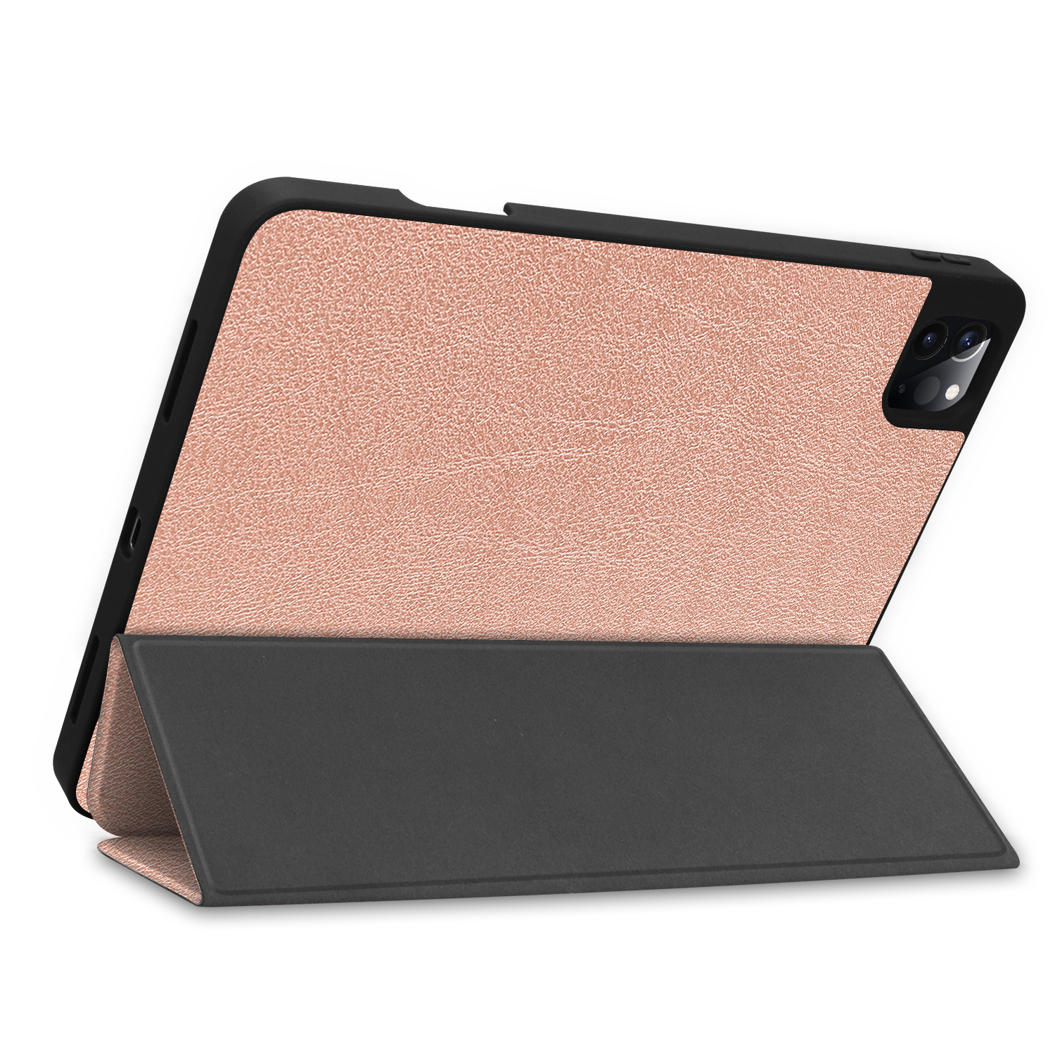 Tablet in einem rosafarbenen Gehäuse, schräg aufgestellt. Weißer Hintergrund.