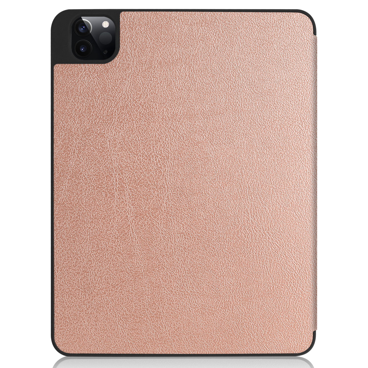 Eine roségoldene Tablettasche mit einem schwarzen Kamerabuckel.