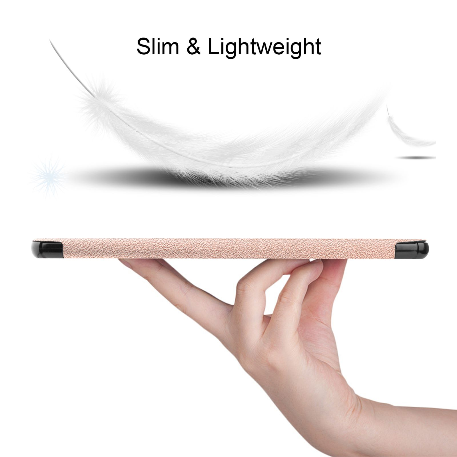 Tablet von Hand gehalten, zeigt roségoldenes Case.