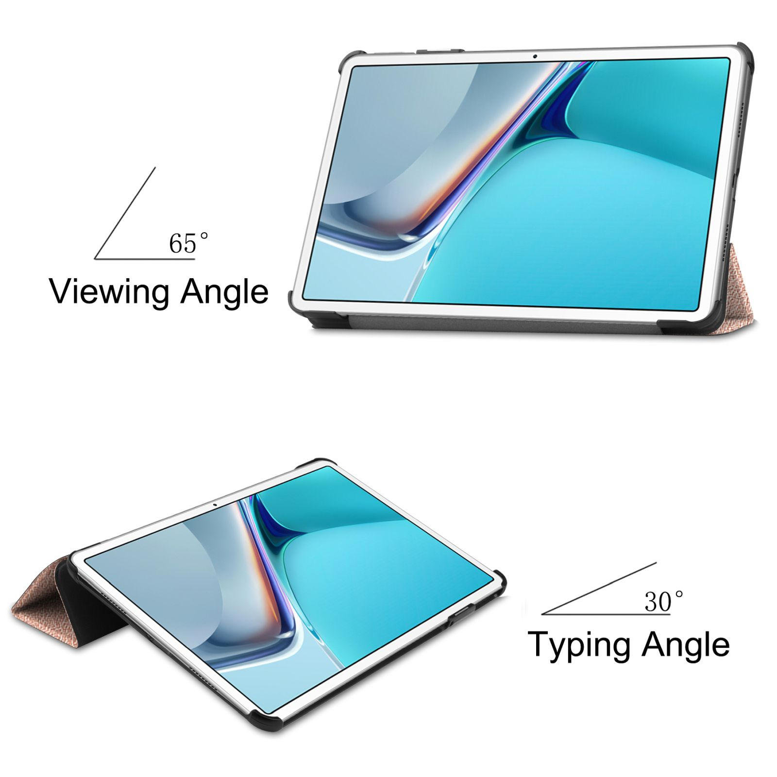 Ein Tablet in einer Hülle, das Betrachtungs- und Tippwinkel im Bild zeigt.