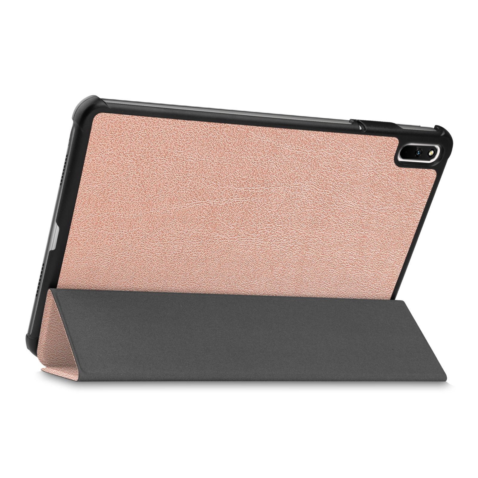Tablet mit roségoldener Rückseite, auf einem Ständer, mit schwarzem Rahmen. Zeigt eine Lederstruktur.
