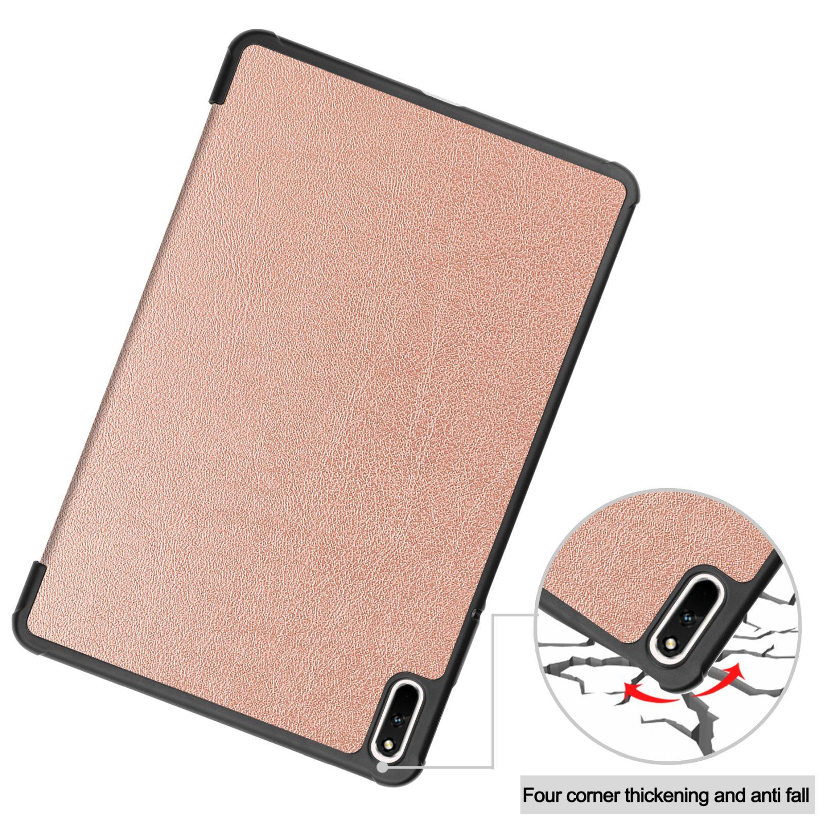 Tablet in pinkfarbener Lederhülle, Nahaufnahme zeigt die Vier-Ecken-Verdickung und Anti-Fall.
